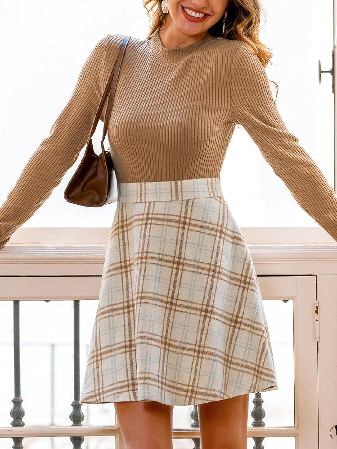 imageCUPSHE Womens Fall Dresses Plaid Mock Neck Long Sleeves Casual Outfits A Line Mini DressKhaki