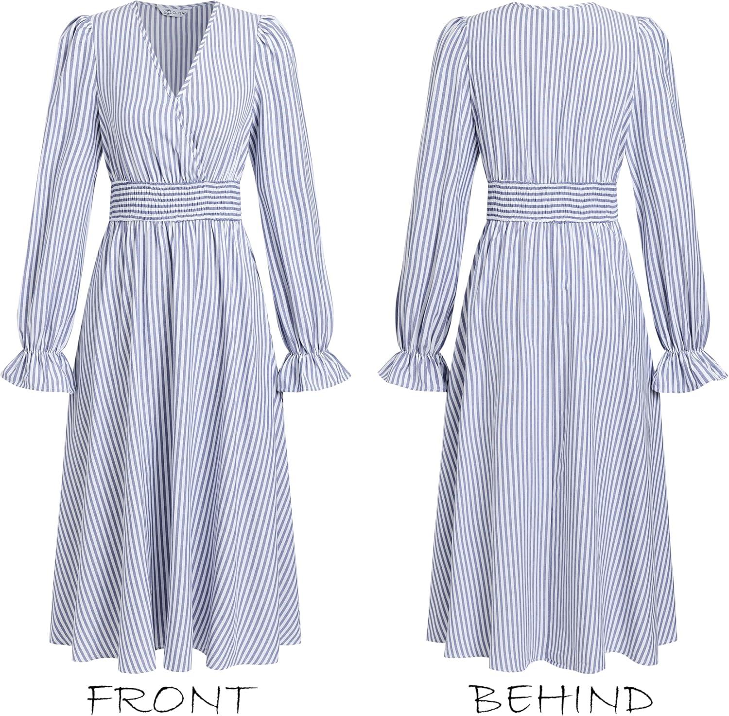 imageCUPSHE Womens Fall Dresses Striped V Neck Long Sleeve Elastic Somked Swing Maxi DressBlue