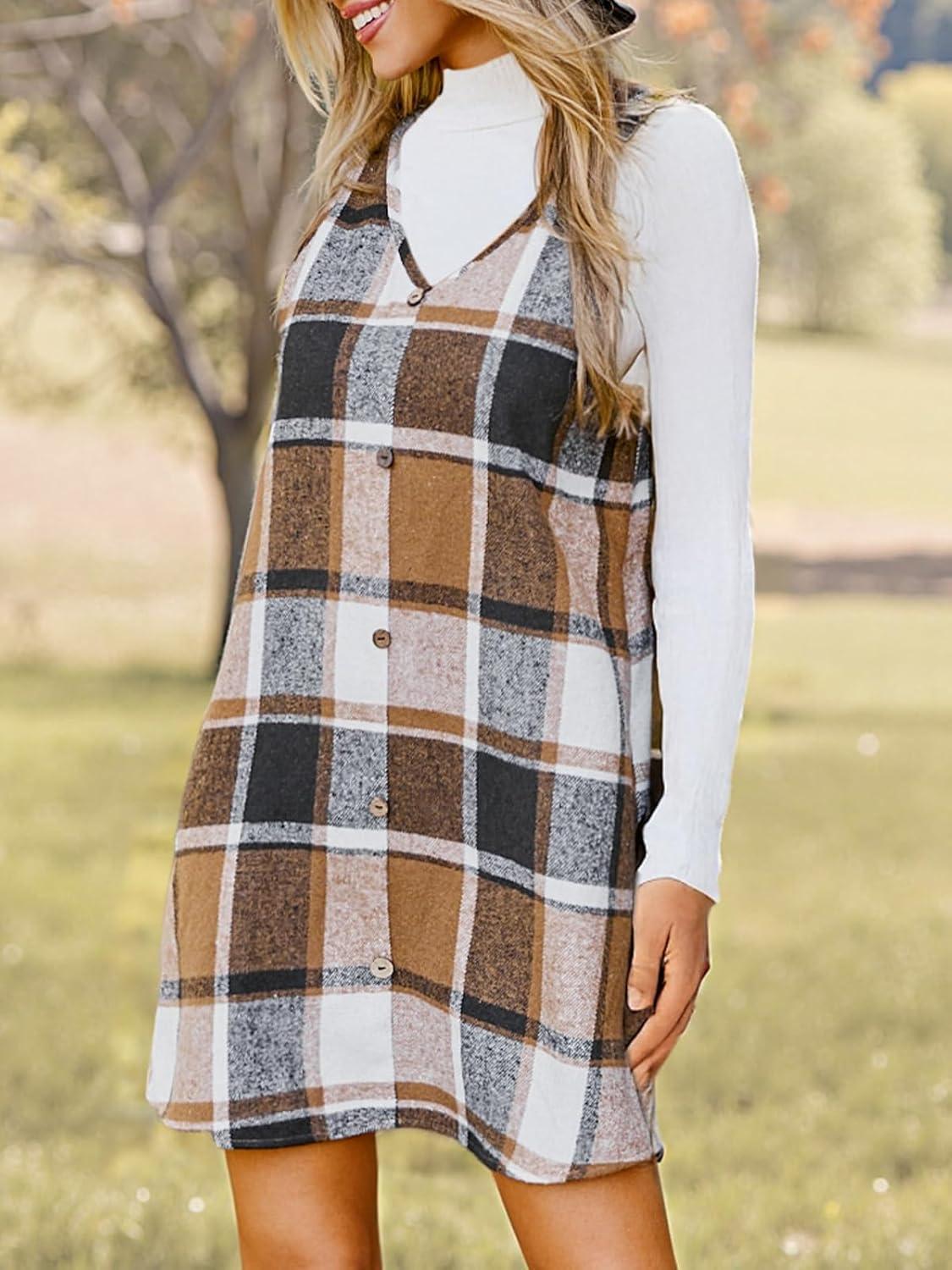 imageCUPSHE Womens Fall Dresses V Neck Plaid Sleeveless Wide Straps Casual Button Pinafore Overall Mini Dress with PocketsKhaki Plaid
