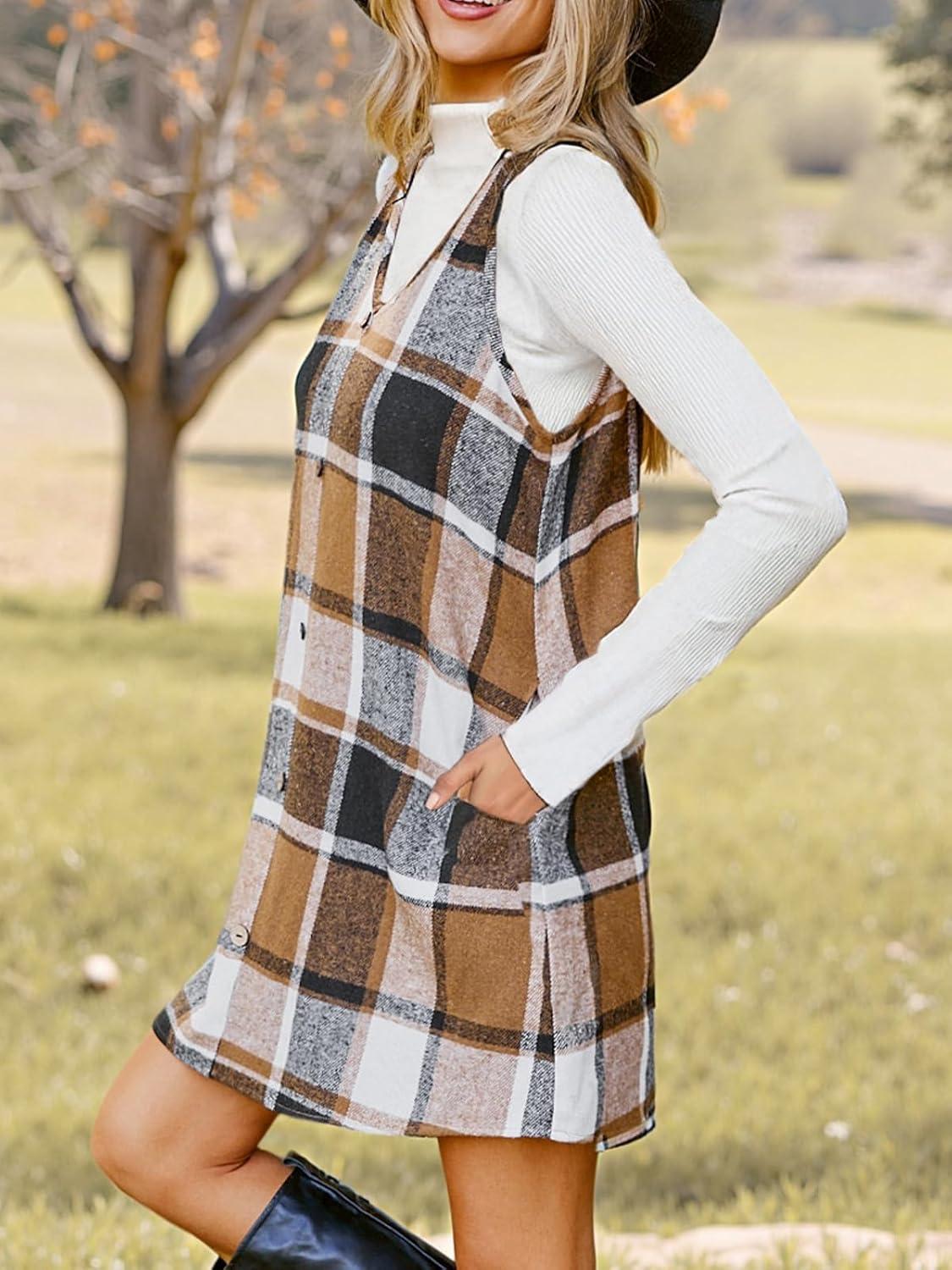 imageCUPSHE Womens Fall Dresses V Neck Plaid Sleeveless Wide Straps Casual Button Pinafore Overall Mini Dress with PocketsKhaki Plaid