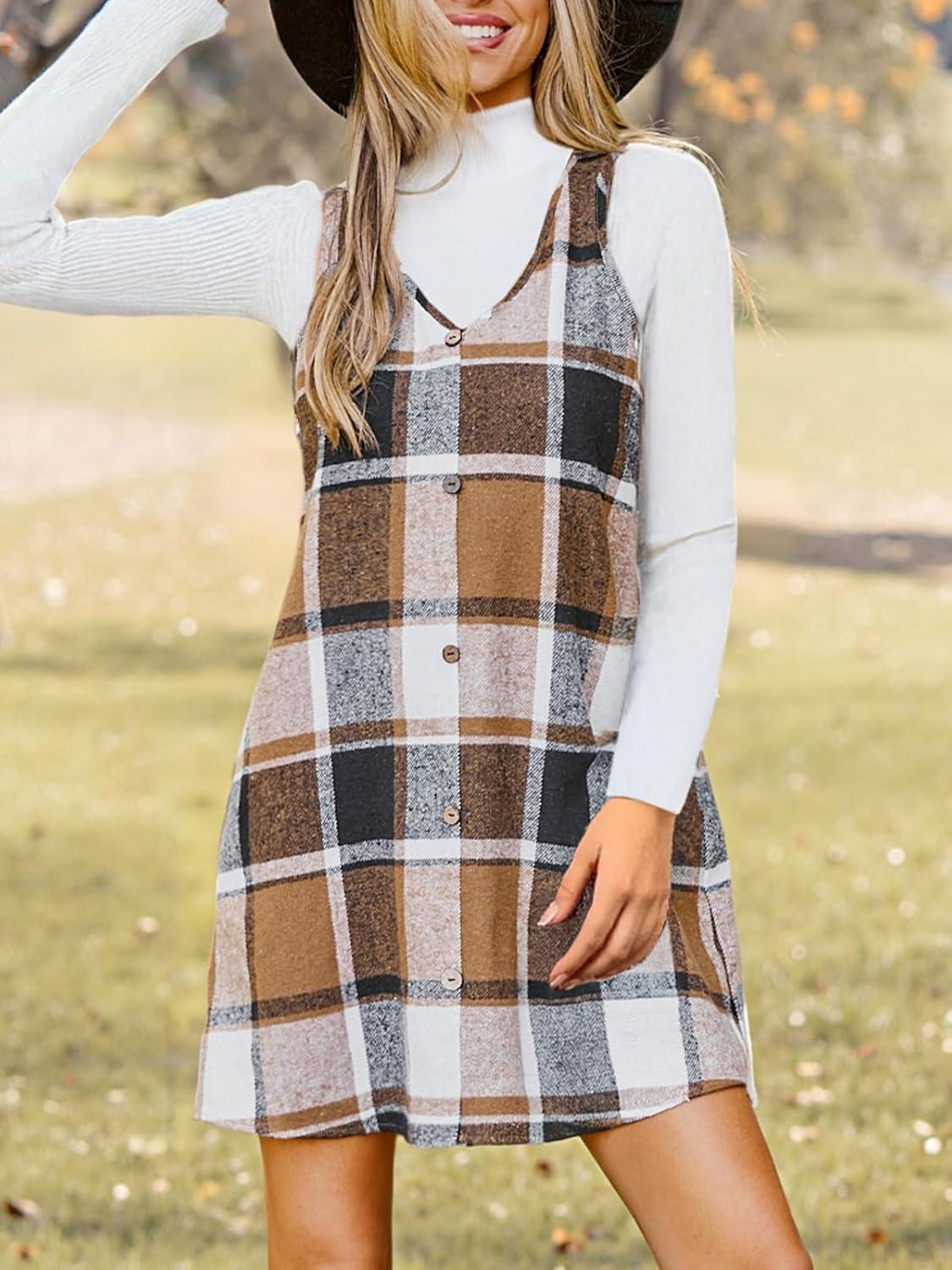 imageCUPSHE Womens Fall Dresses V Neck Plaid Sleeveless Wide Straps Casual Button Pinafore Overall Mini Dress with PocketsKhaki Plaid