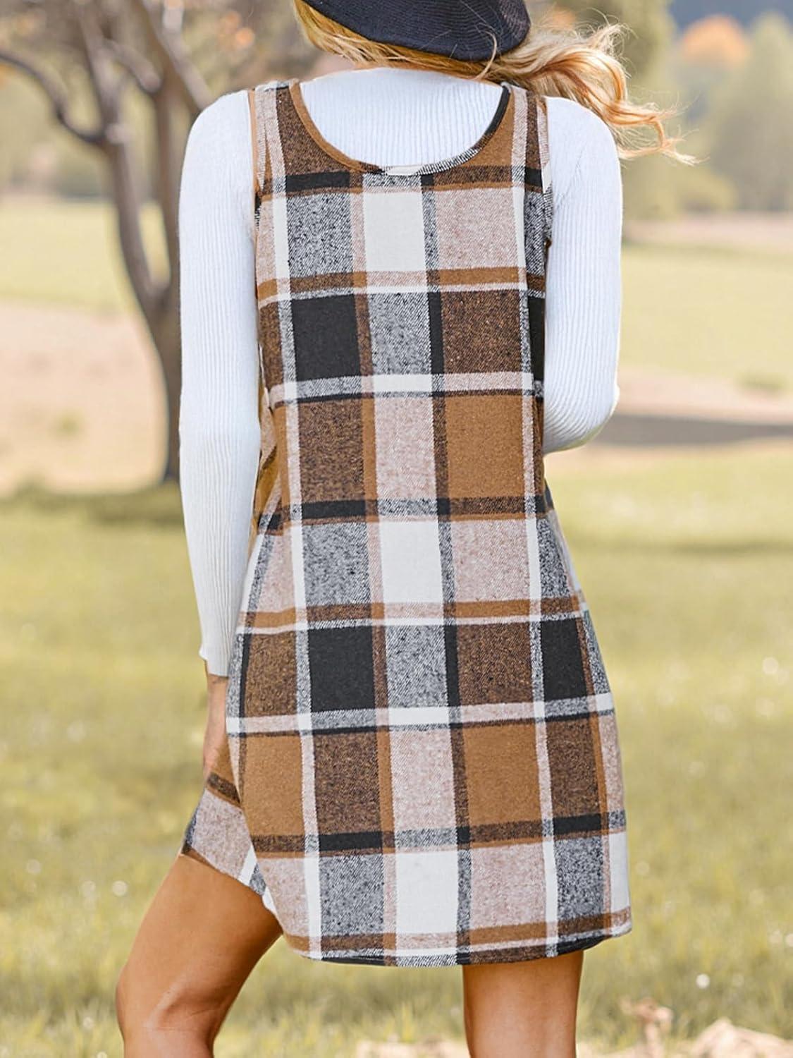 imageCUPSHE Womens Fall Dresses V Neck Plaid Sleeveless Wide Straps Casual Button Pinafore Overall Mini Dress with PocketsKhaki Plaid