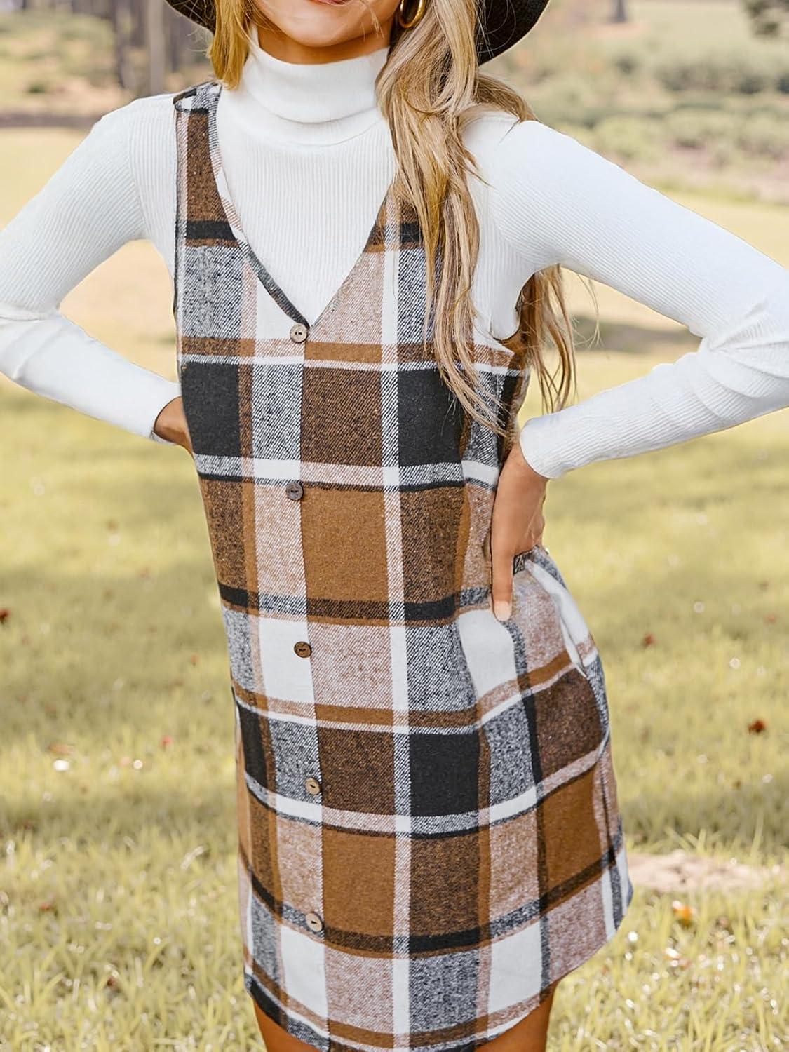 imageCUPSHE Womens Fall Dresses V Neck Plaid Sleeveless Wide Straps Casual Button Pinafore Overall Mini Dress with PocketsKhaki Plaid