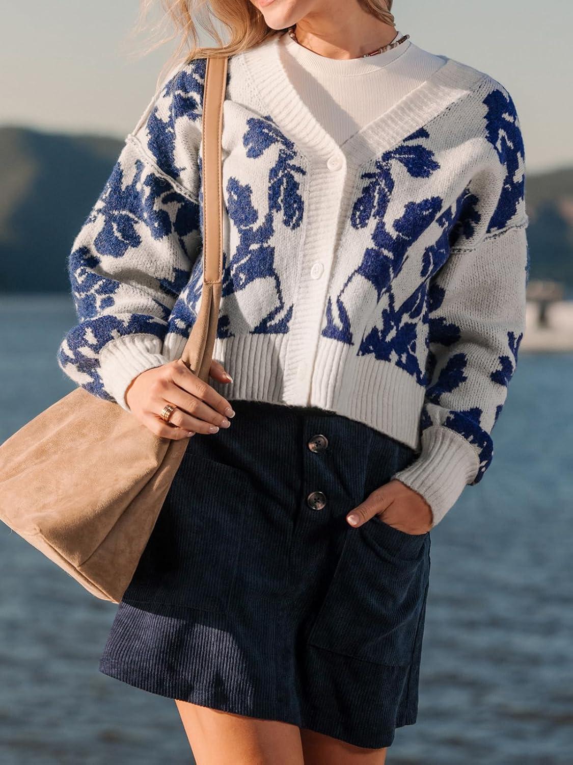 imageCUPSHE Womens Fall Floral Cardigan Sweaters Long Sleeve Open Front Button Down Knit V Neck Sweater Coat OutwearBlue