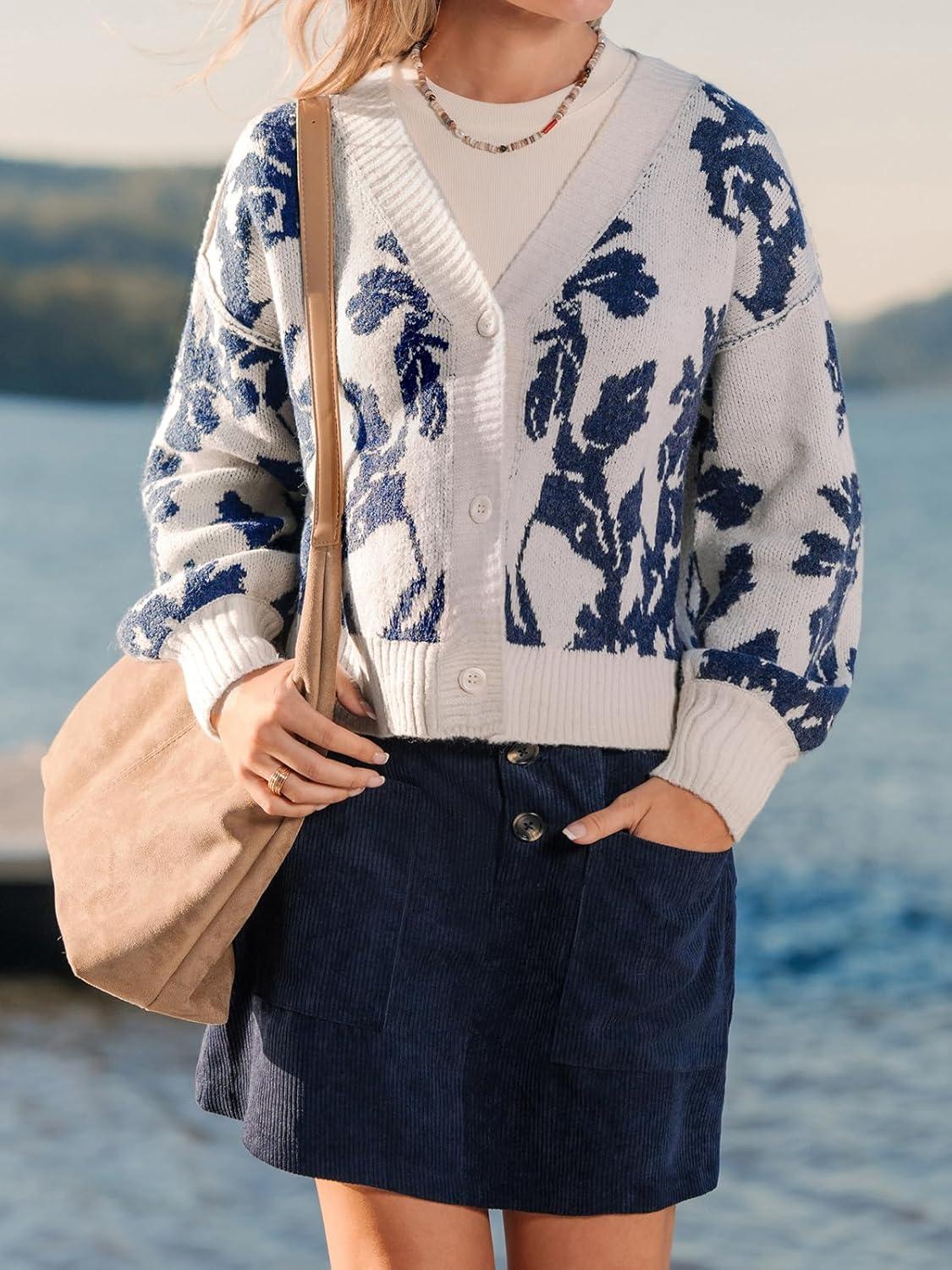 imageCUPSHE Womens Fall Floral Cardigan Sweaters Long Sleeve Open Front Button Down Knit V Neck Sweater Coat OutwearBlue