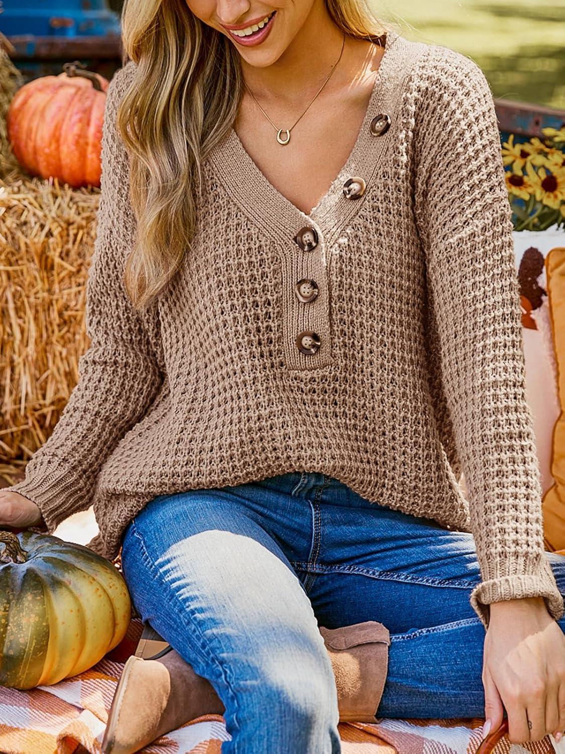 imageCUPSHE Womens Fall Sweater Chunky Knit Half Button Front Long Sleeve V Neck Casual Oversized Pullover TopCamel