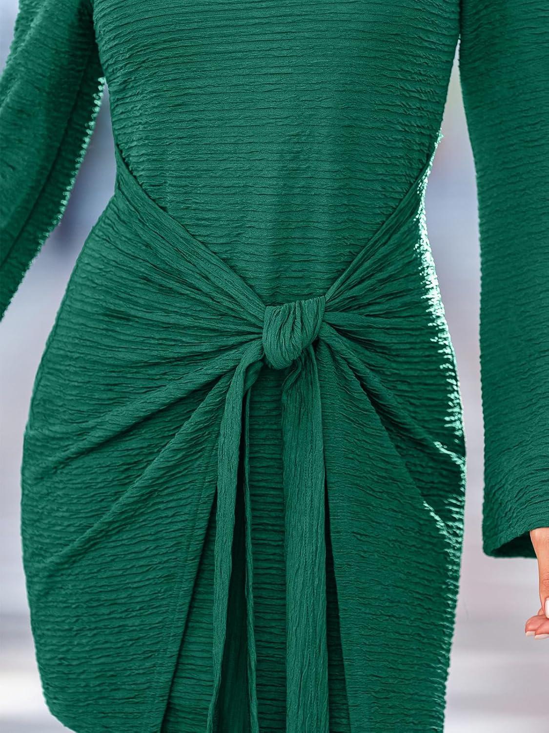 imageCUPSHE Womens Fall Wedding Guest Christmas Dress Long Sleeve Wrap Dress Tie Waist Crewneck Bodycon Mini DressesGreen