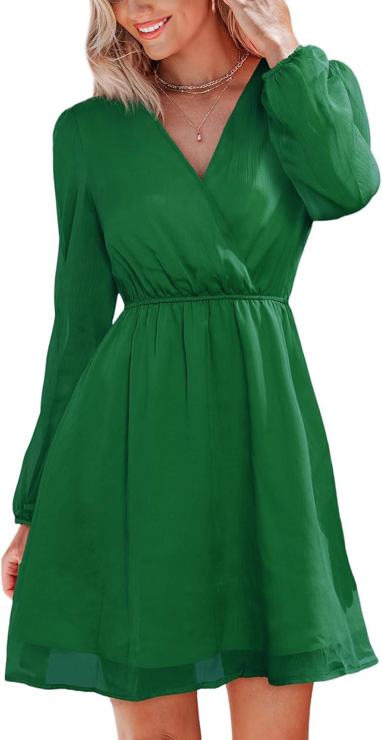 imageCUPSHE Womens Fall Wedding Guest Party Dress Long Sleeve V Neck Mini Dress Flowy Chiffon A Line Short DressesDark Green