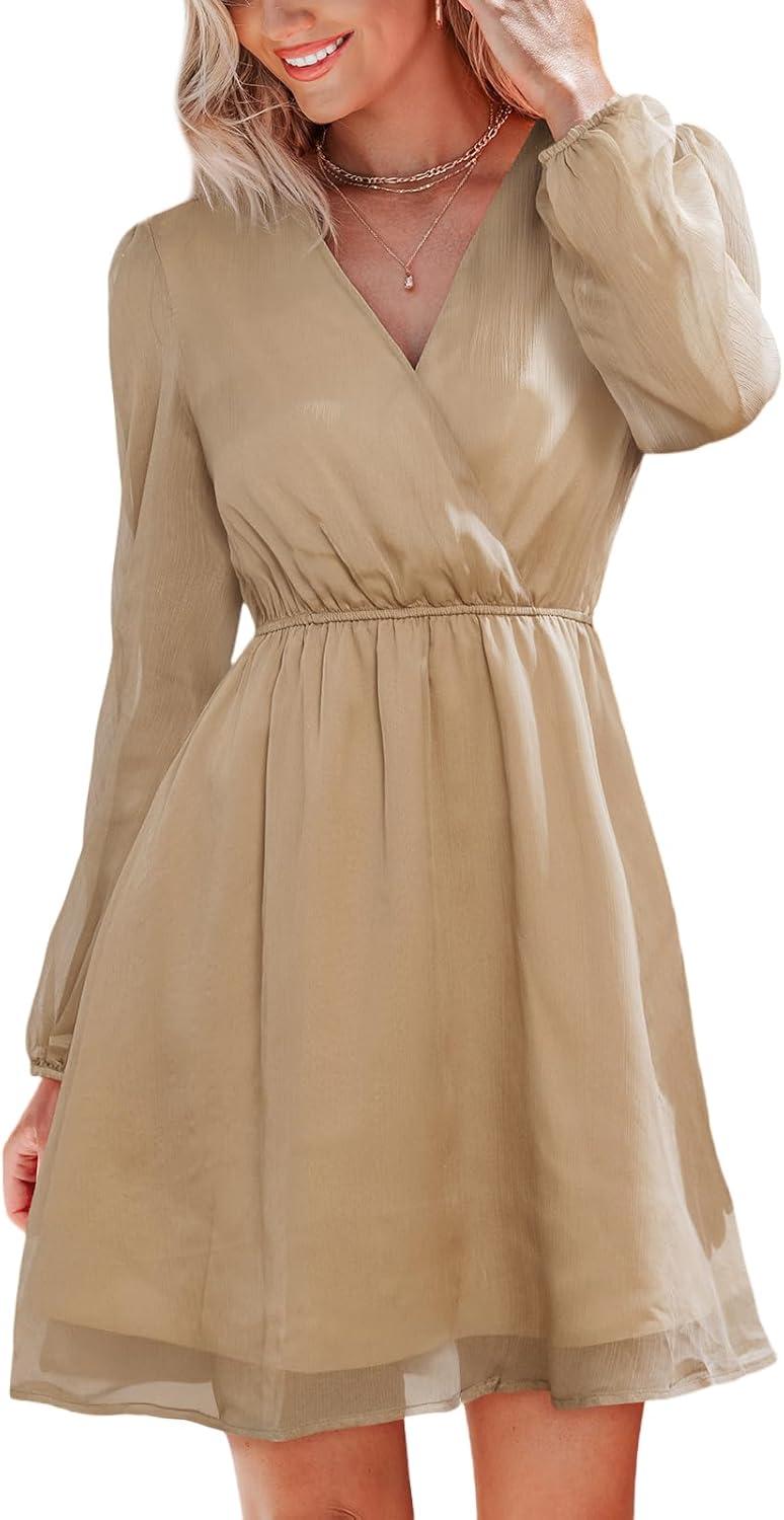 imageCUPSHE Womens Fall Wedding Guest Party Dress Long Sleeve V Neck Mini Dress Flowy Chiffon A Line Short DressesKhaki
