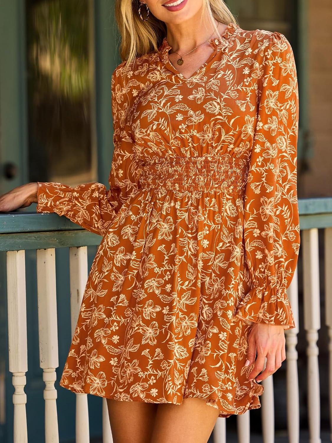 imageCUPSHE Womens Floral Fall Mini Dress Boho V Neck Ruffle Sleeves Smocked Waist A Line DressesOrange