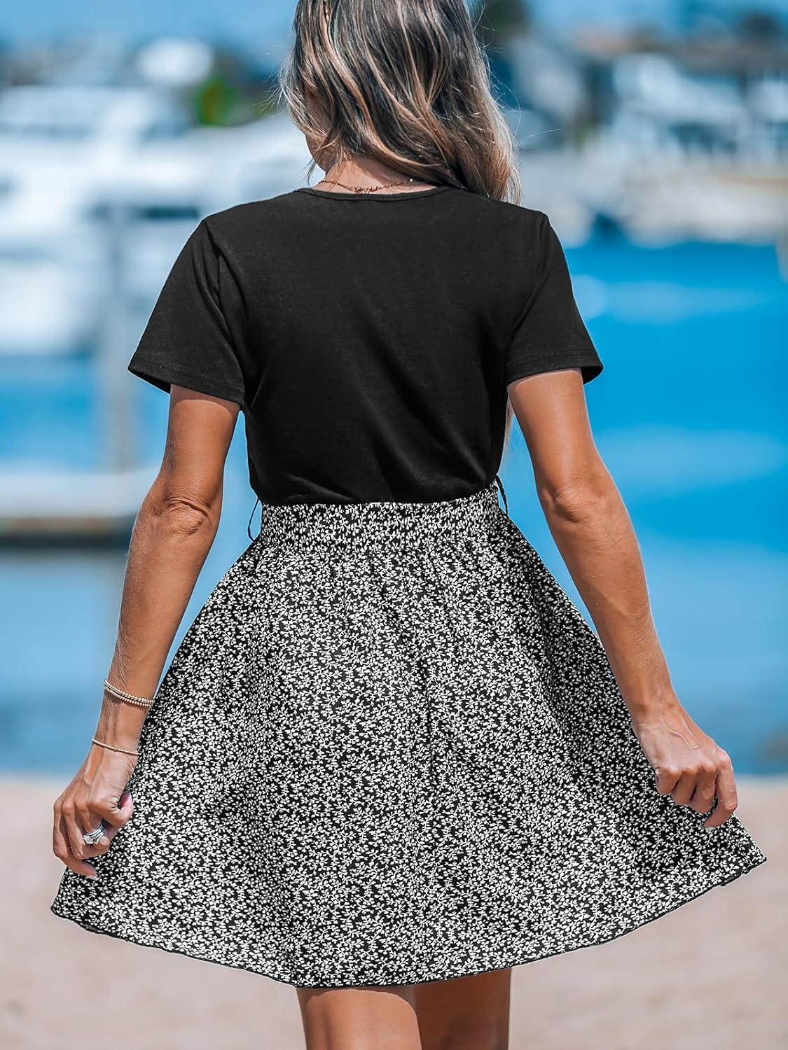 imageCUPSHE Womens Floral Paisley Mini Beach Dress Crew Neck Short Sleeve Belted Tie A Line Stripe Mini Summer DressesBlack Floral