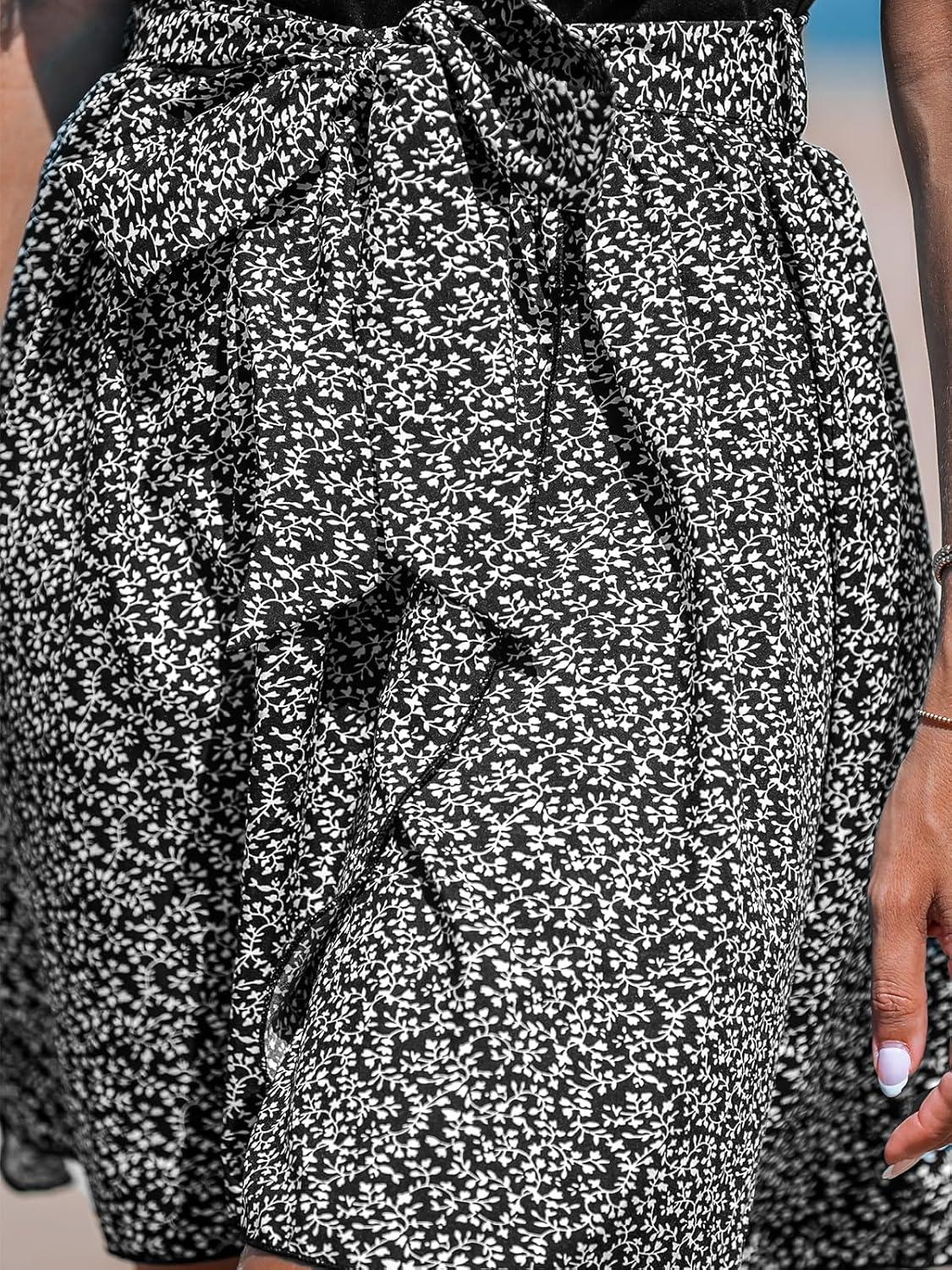 imageCUPSHE Womens Floral Paisley Mini Beach Dress Crew Neck Short Sleeve Belted Tie A Line Stripe Mini Summer DressesBlack Floral