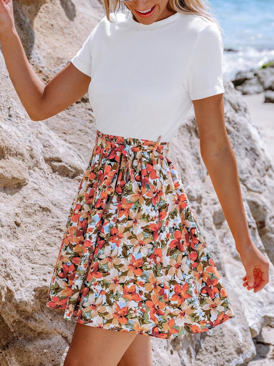 imageCUPSHE Womens Floral Paisley Mini Beach Dress Crew Neck Short Sleeve Belted Tie A Line Stripe Mini Summer DressesWhite Orange