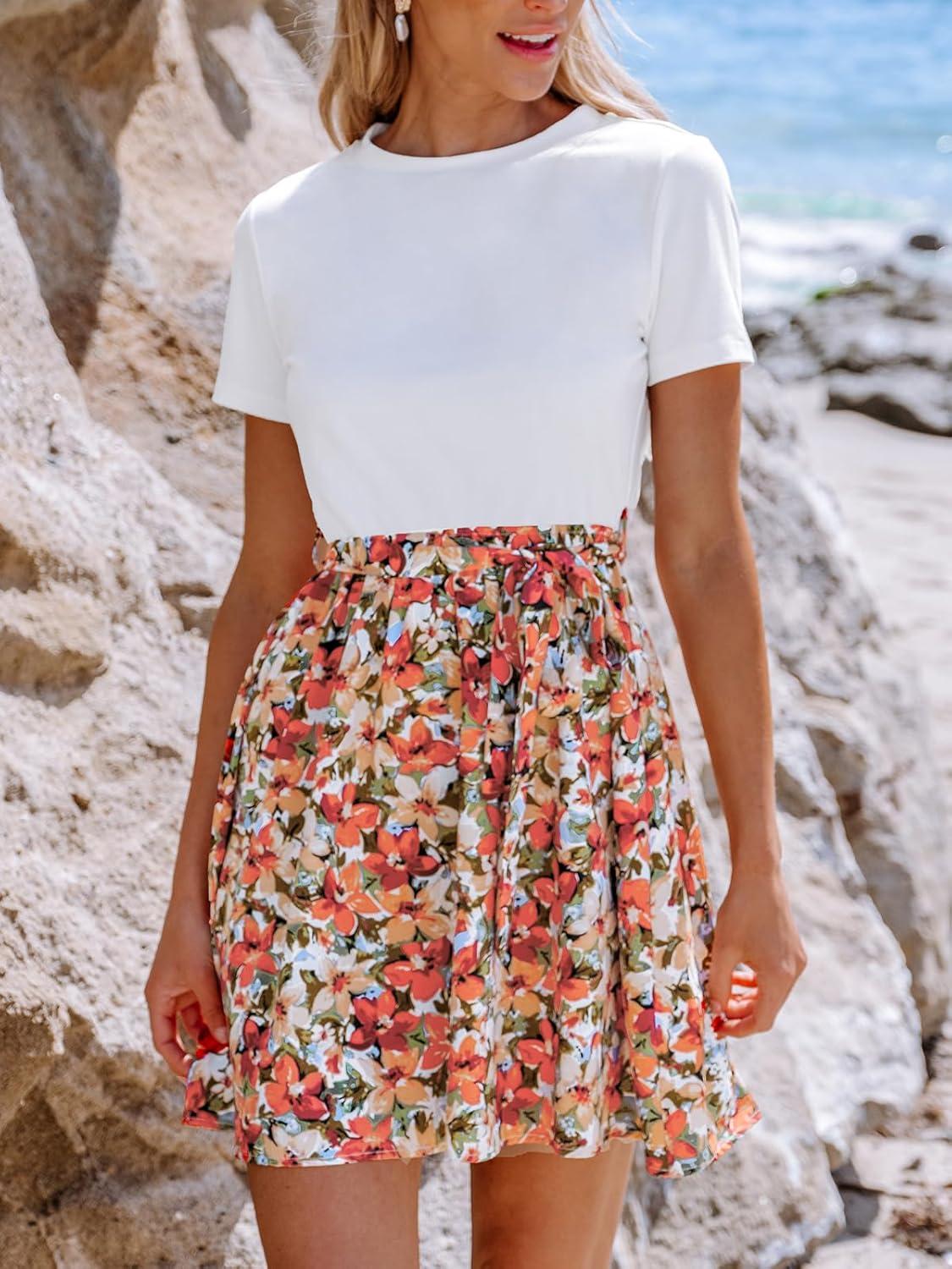 imageCUPSHE Womens Floral Paisley Mini Beach Dress Crew Neck Short Sleeve Belted Tie A Line Stripe Mini Summer DressesWhite Orange