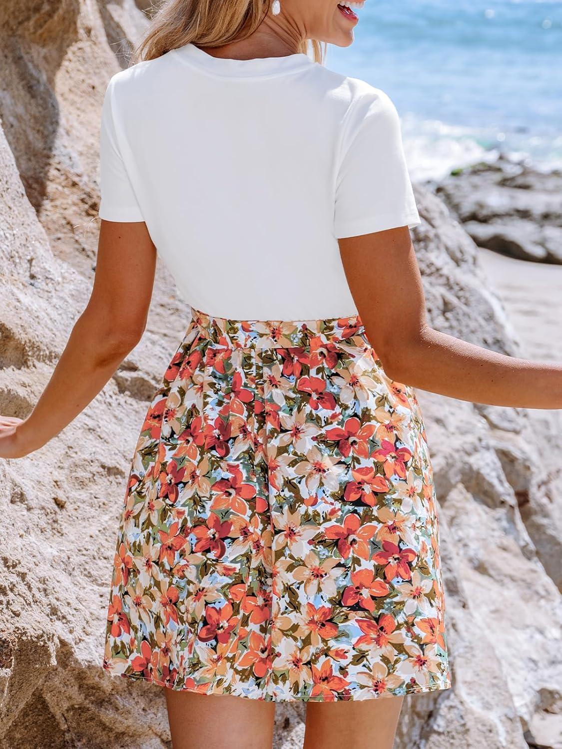 imageCUPSHE Womens Floral Paisley Mini Beach Dress Crew Neck Short Sleeve Belted Tie A Line Stripe Mini Summer DressesWhite Orange