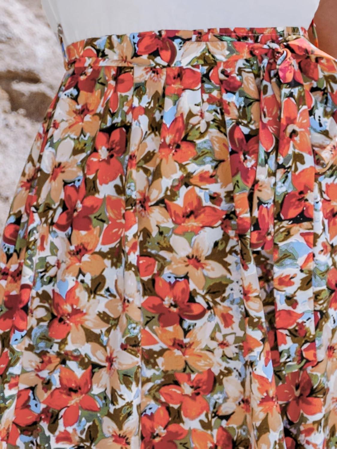 imageCUPSHE Womens Floral Paisley Mini Beach Dress Crew Neck Short Sleeve Belted Tie A Line Stripe Mini Summer DressesWhite Orange