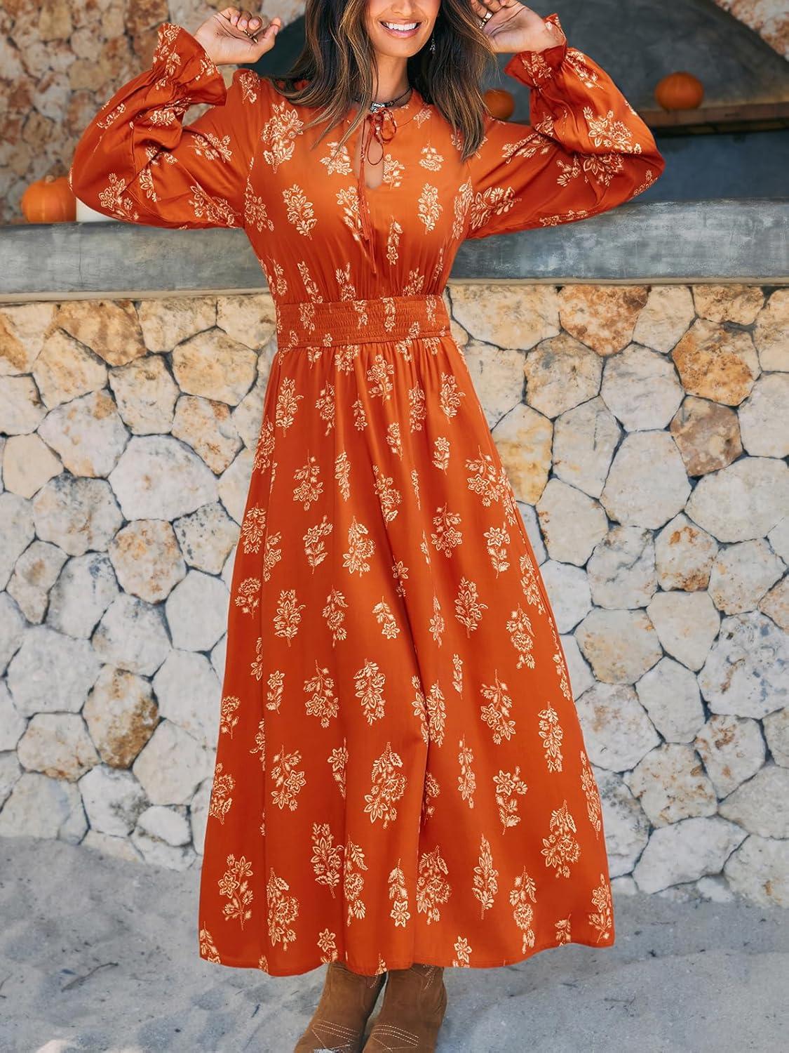 imageCUPSHE Womens Floral Printed Maxi Dress Tie Front Puff Sleeves Smocked Waist Ruffle Casual Fall DressesOrange