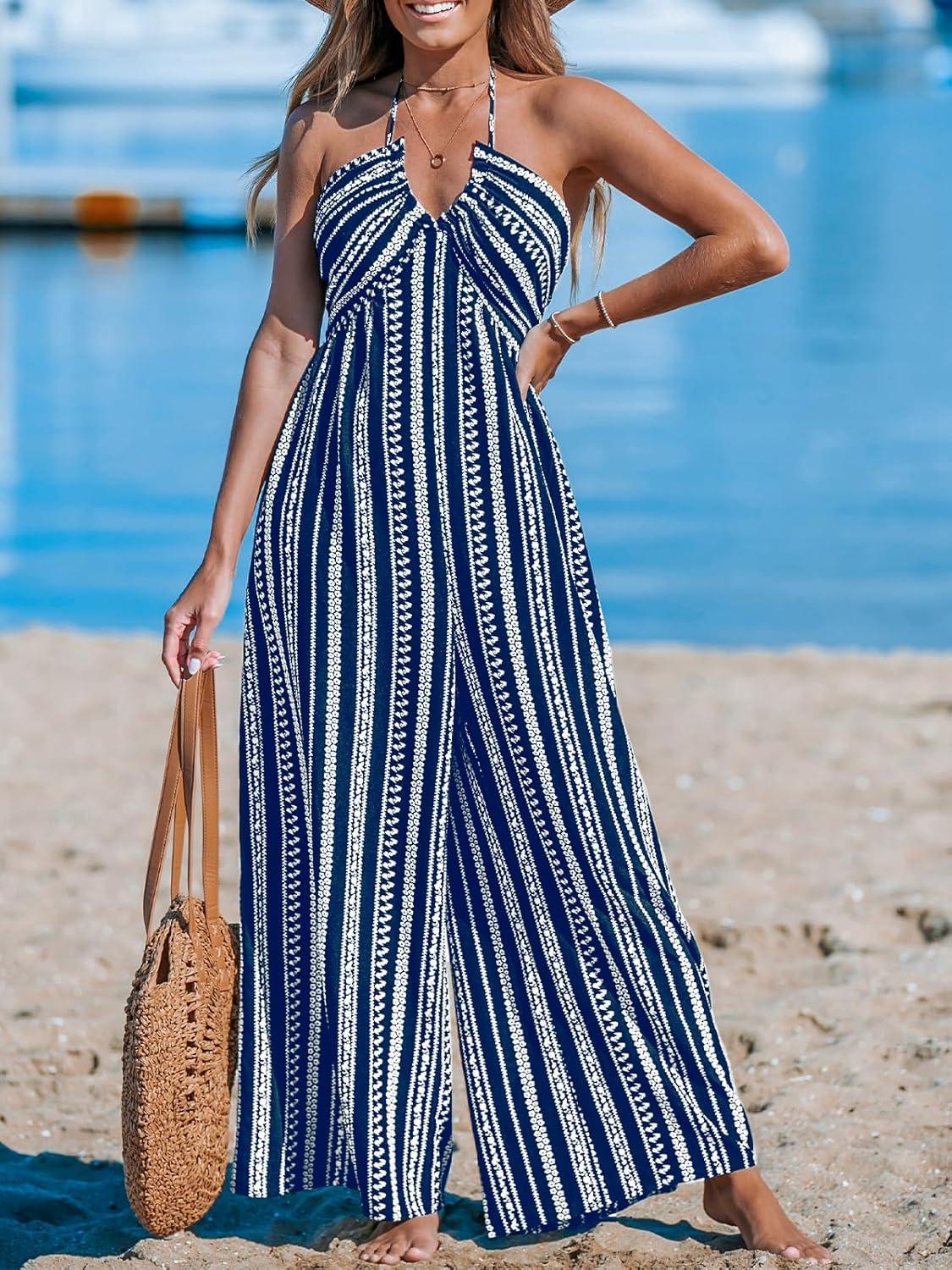 imageCUPSHE Womens Jumpsuits Halter Neck Sleeveless Wide Leg Overall Backless Outfit Casual BeachBlue