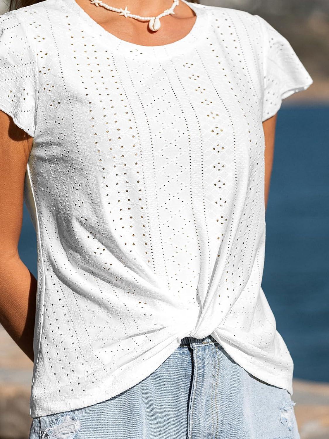 imageCUPSHE Womens Knit Eyelet Tops Round Neck Flutter Short Sleeves Knotted Summer T ShirtsWhite
