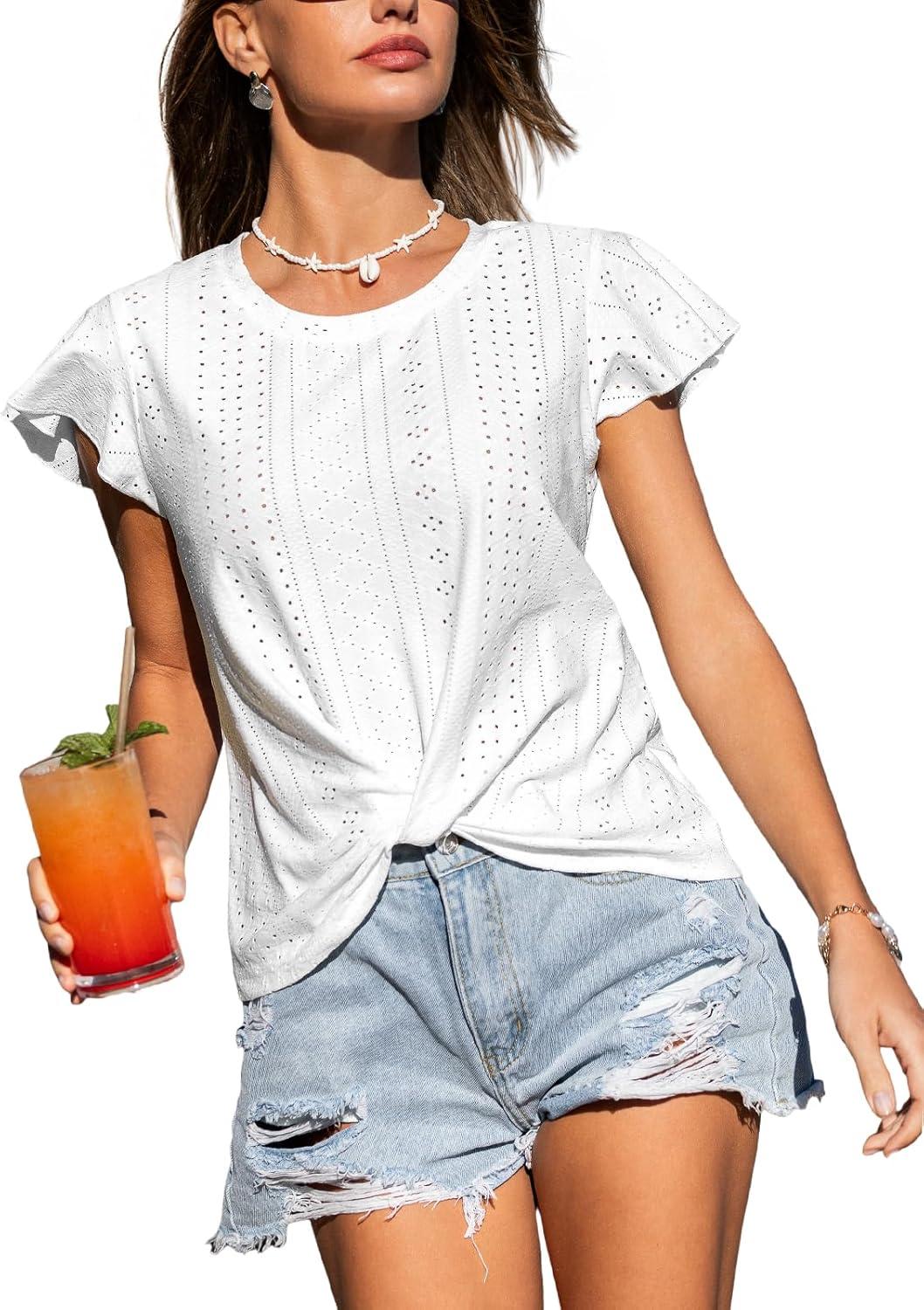 imageCUPSHE Womens Knit Eyelet Tops Round Neck Flutter Short Sleeves Knotted Summer T ShirtsWhite