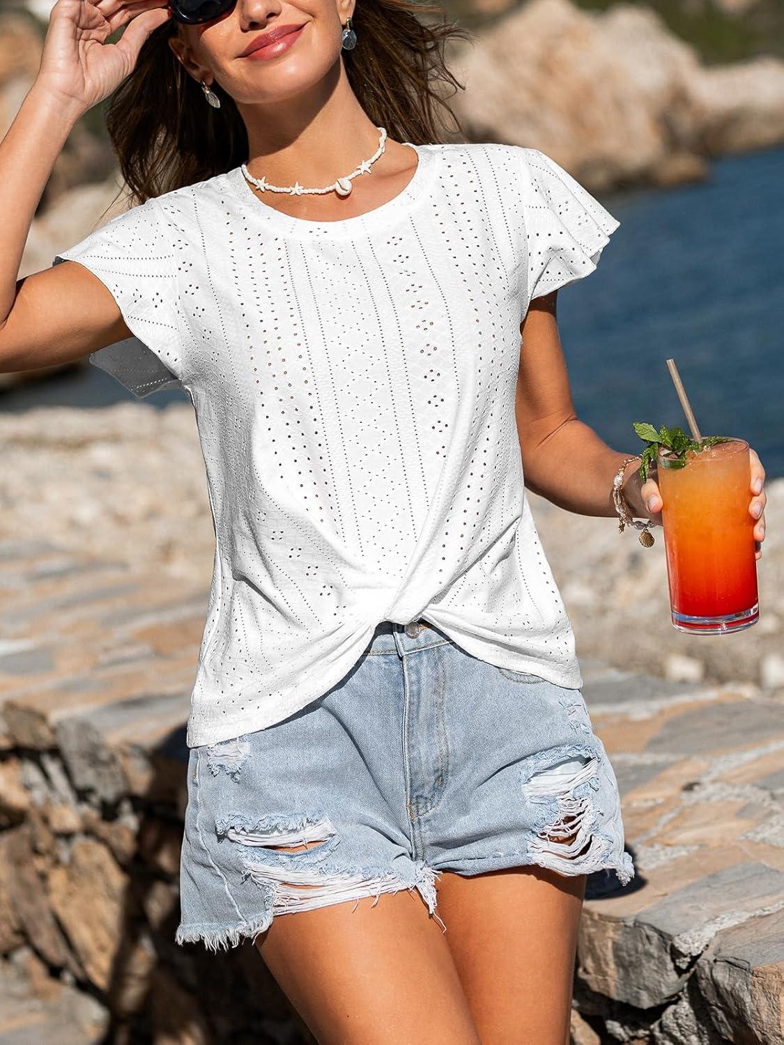 imageCUPSHE Womens Knit Eyelet Tops Round Neck Flutter Short Sleeves Knotted Summer T ShirtsWhite