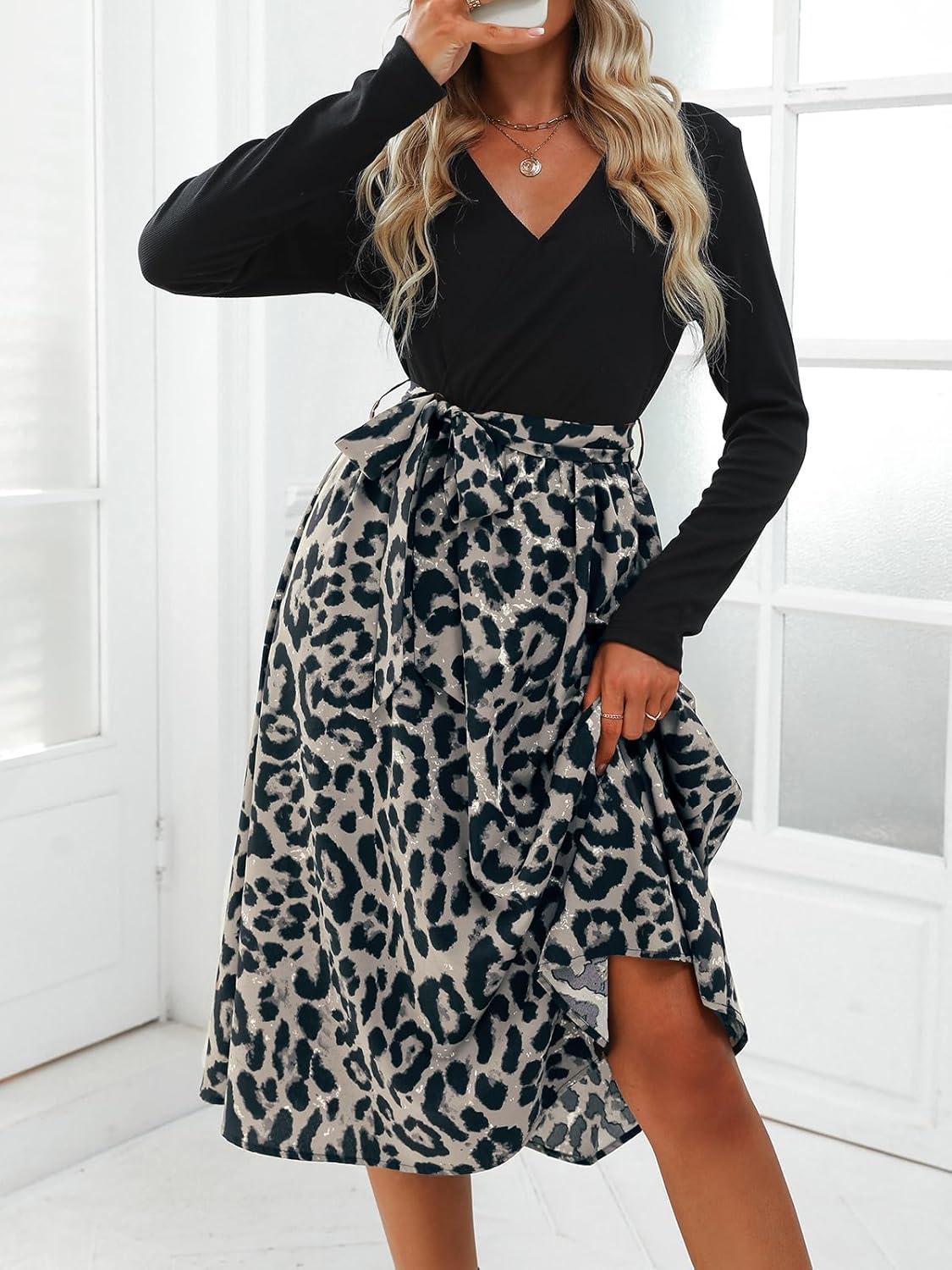 imageCUPSHE Womens Leopard Print Panel A Line Midi Dress Long Sleeve V Neck Waist Tie Wrap Casual Fall DressesApricot Leopard