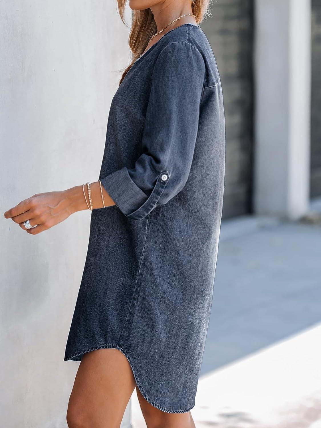 imageCUPSHE Womens Long Sleeve Denim Shirt Dress Casual V Neck Mini Distressed Roll Tab Jean DressesDark Blue