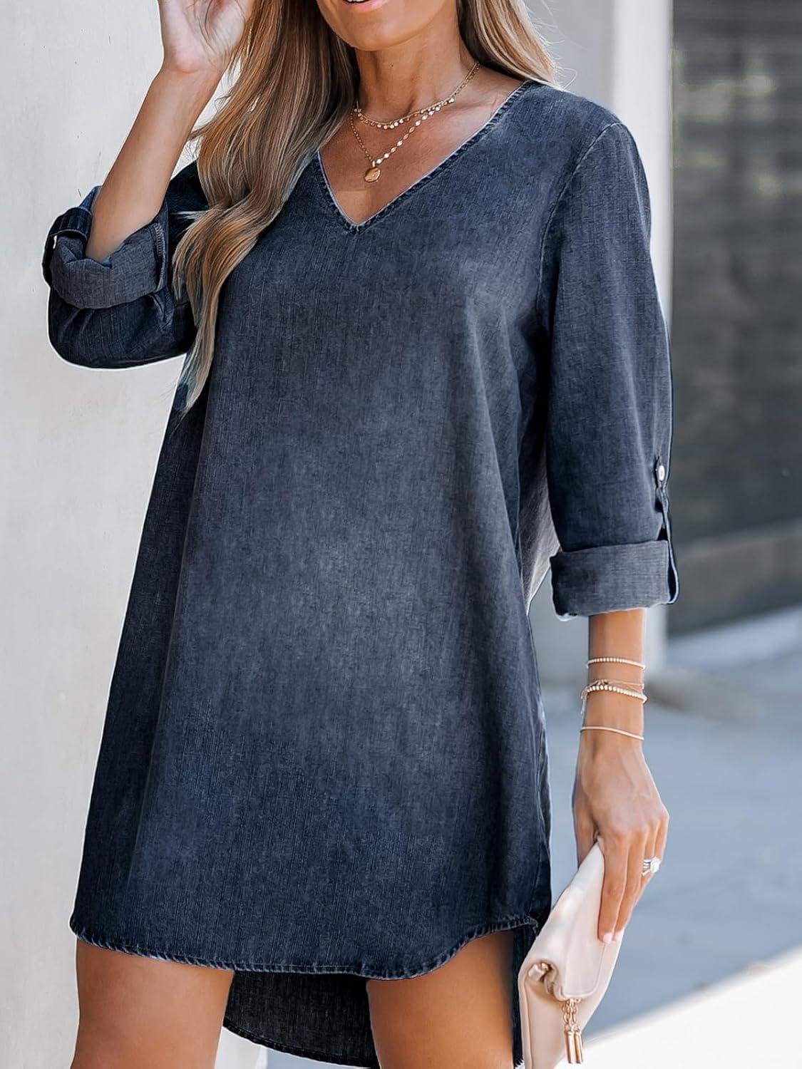 imageCUPSHE Womens Long Sleeve Denim Shirt Dress Casual V Neck Mini Distressed Roll Tab Jean DressesDark Blue