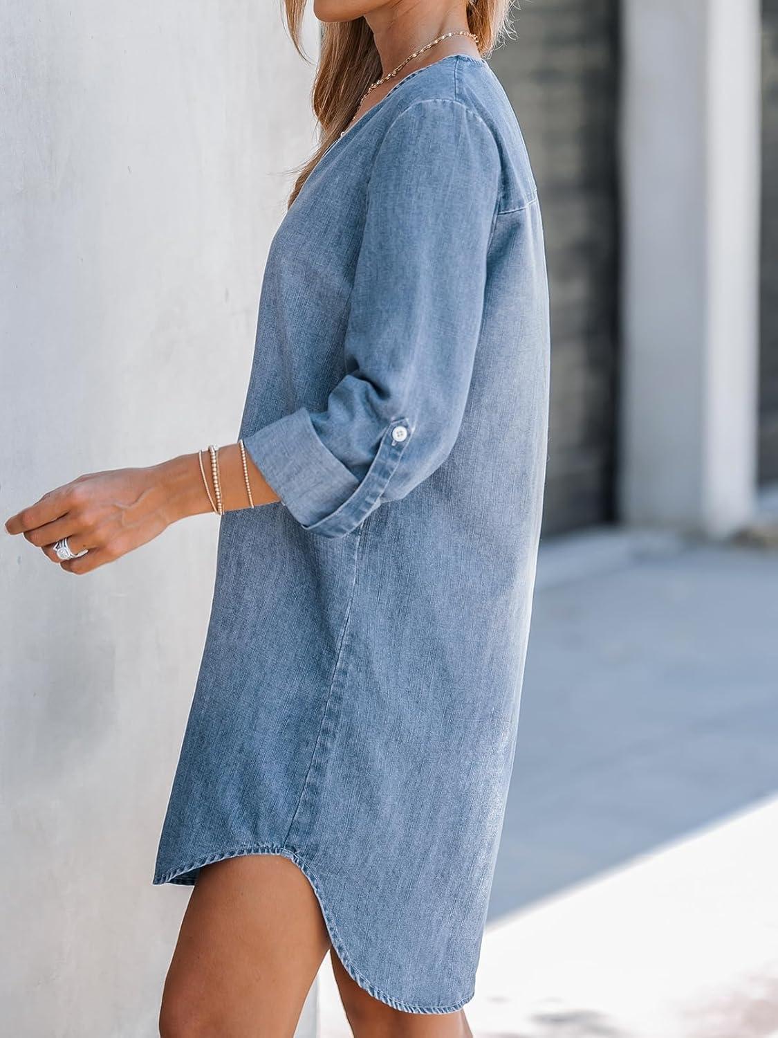 imageCUPSHE Womens Long Sleeve Denim Shirt Dress Casual V Neck Mini Distressed Roll Tab Jean DressesLight Blue