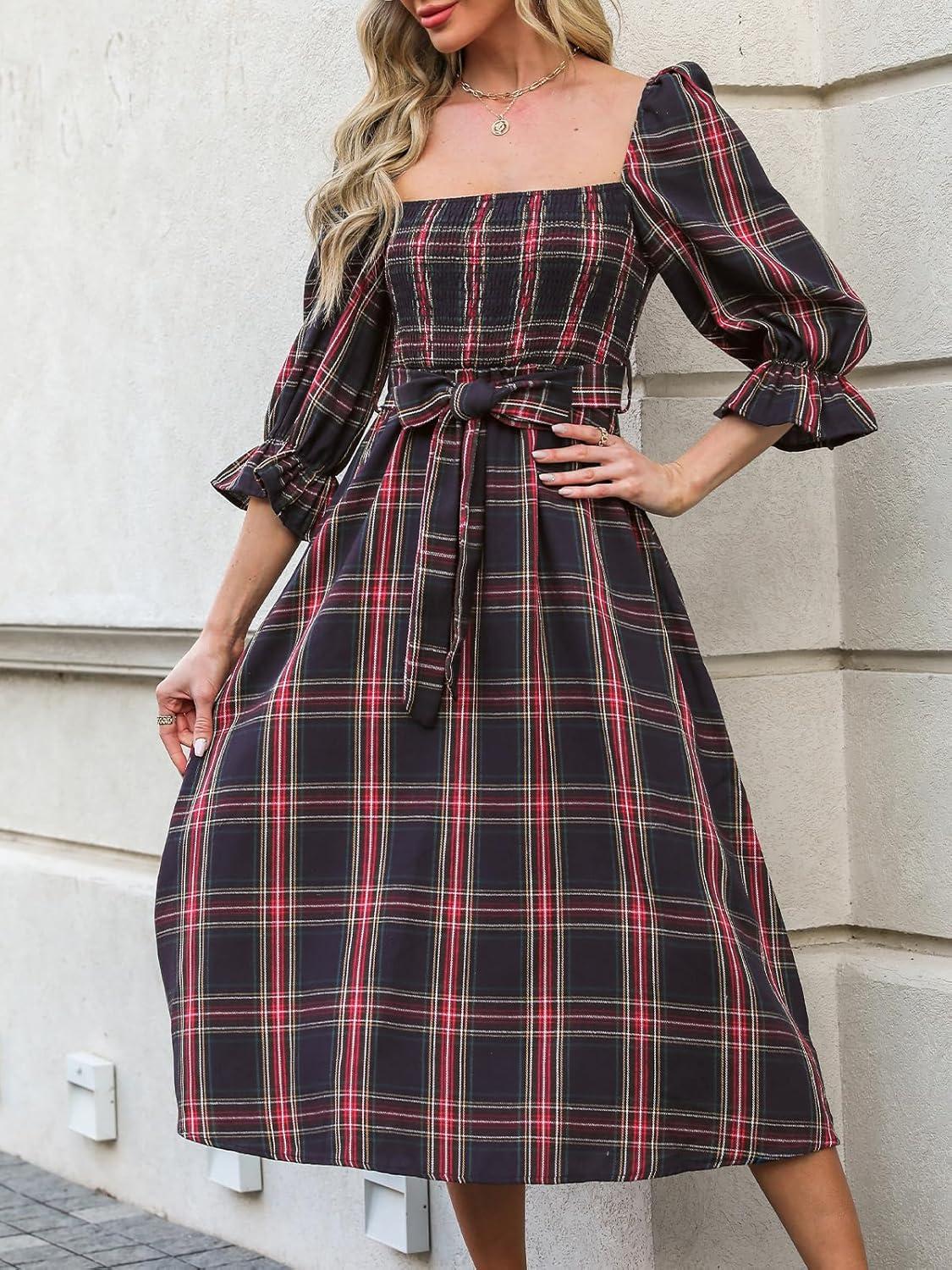 imageCUPSHE Womens Maxi Dresses Square Neck Plaid Smocked Belted Ruffled Casual Half Trumpet Sleeve A Line Long Party DressNavy Plaid