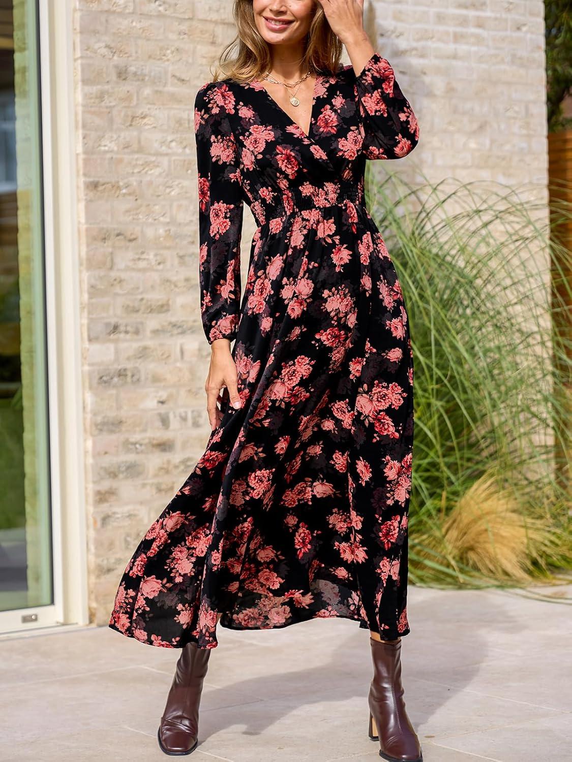 imageCUPSHE Womens Maxi Dresses V Neck Casual Floral Long Sleeve Fall Outfit Smocked Pockets Flowy Garden Party DressBlack Floral