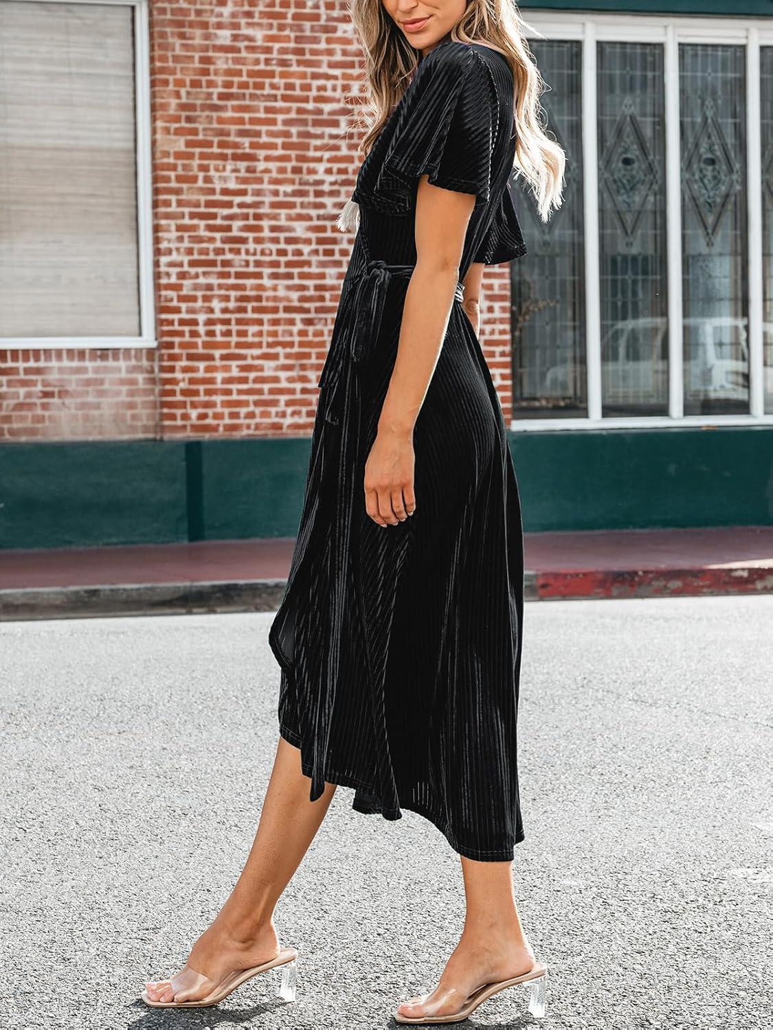 imageCUPSHE Womens Midi Dress Emerald V Neck Belted Short Sleeve Ribbed Knit Flowy Party Cocktail DressesBlack