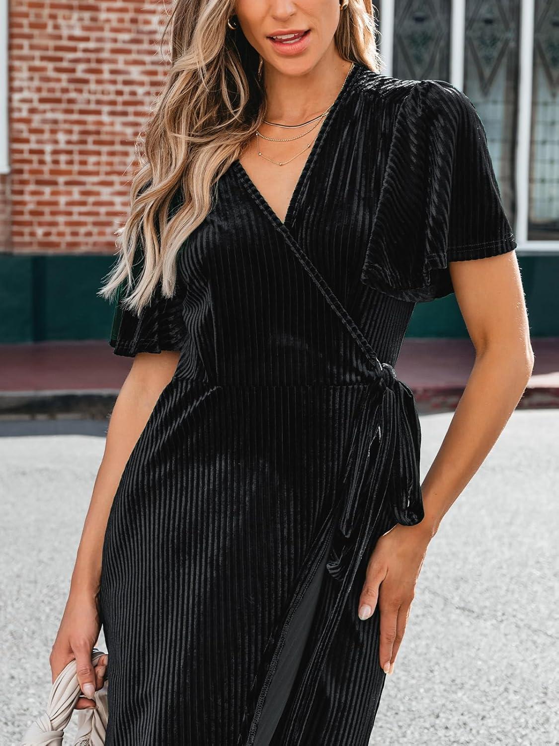 imageCUPSHE Womens Midi Dress Emerald V Neck Belted Short Sleeve Ribbed Knit Flowy Party Cocktail DressesBlack
