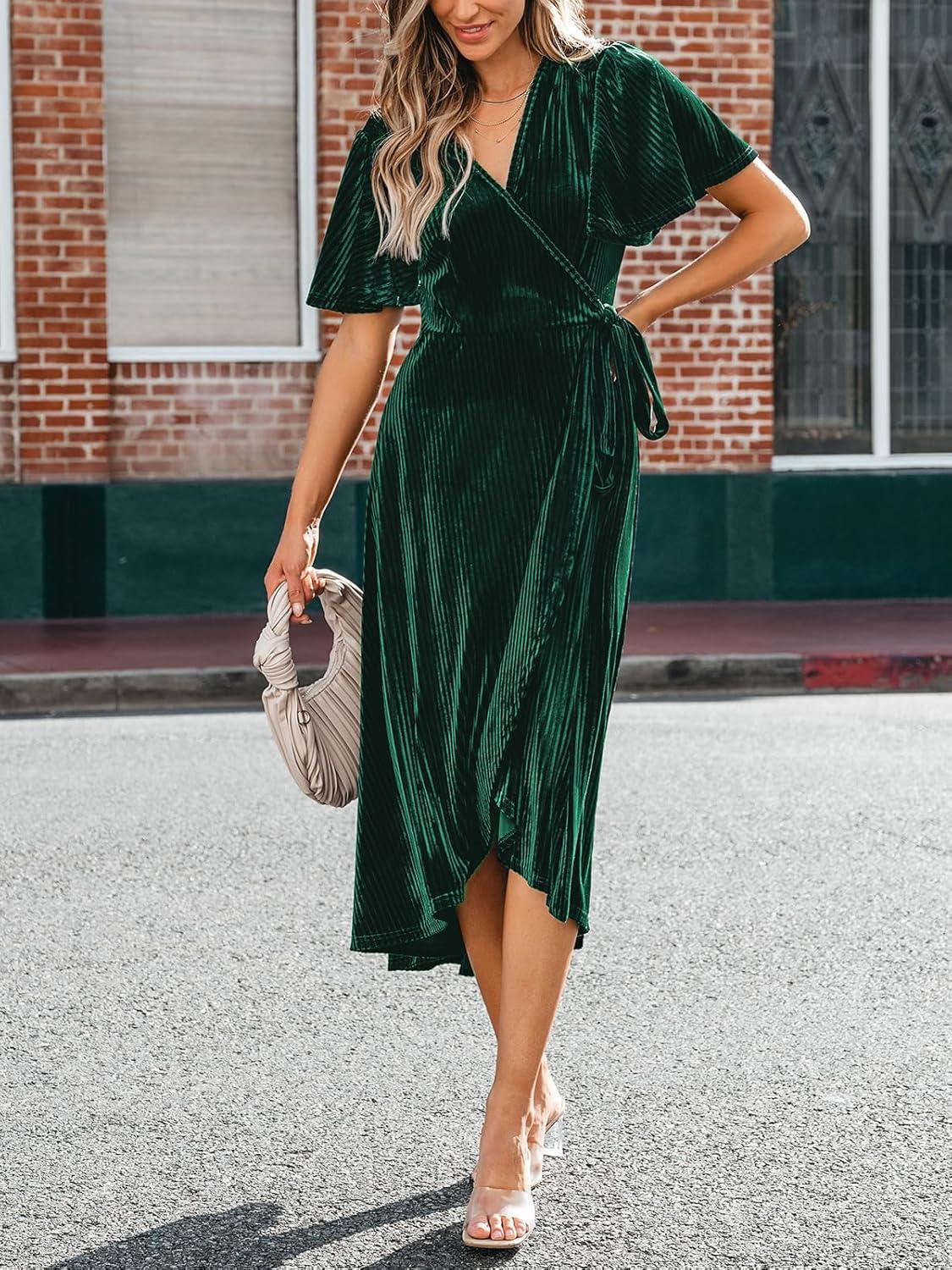 imageCUPSHE Womens Midi Dress Emerald V Neck Belted Short Sleeve Ribbed Knit Flowy Party Cocktail DressesGreen