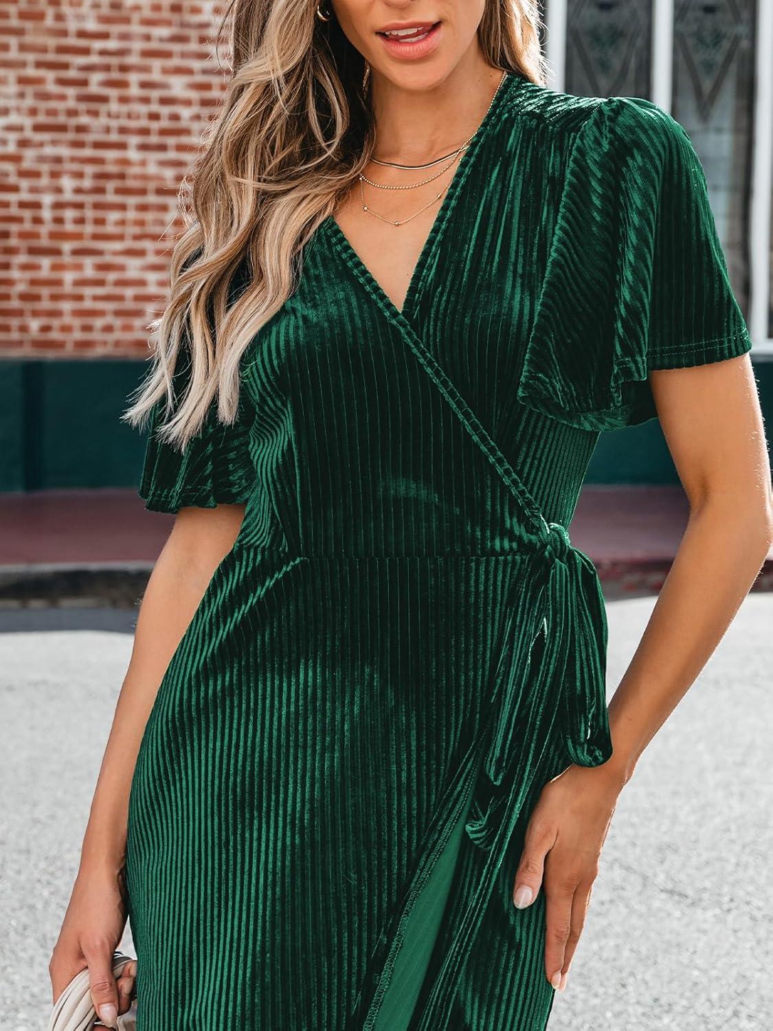 imageCUPSHE Womens Midi Dress Emerald V Neck Belted Short Sleeve Ribbed Knit Flowy Party Cocktail DressesGreen