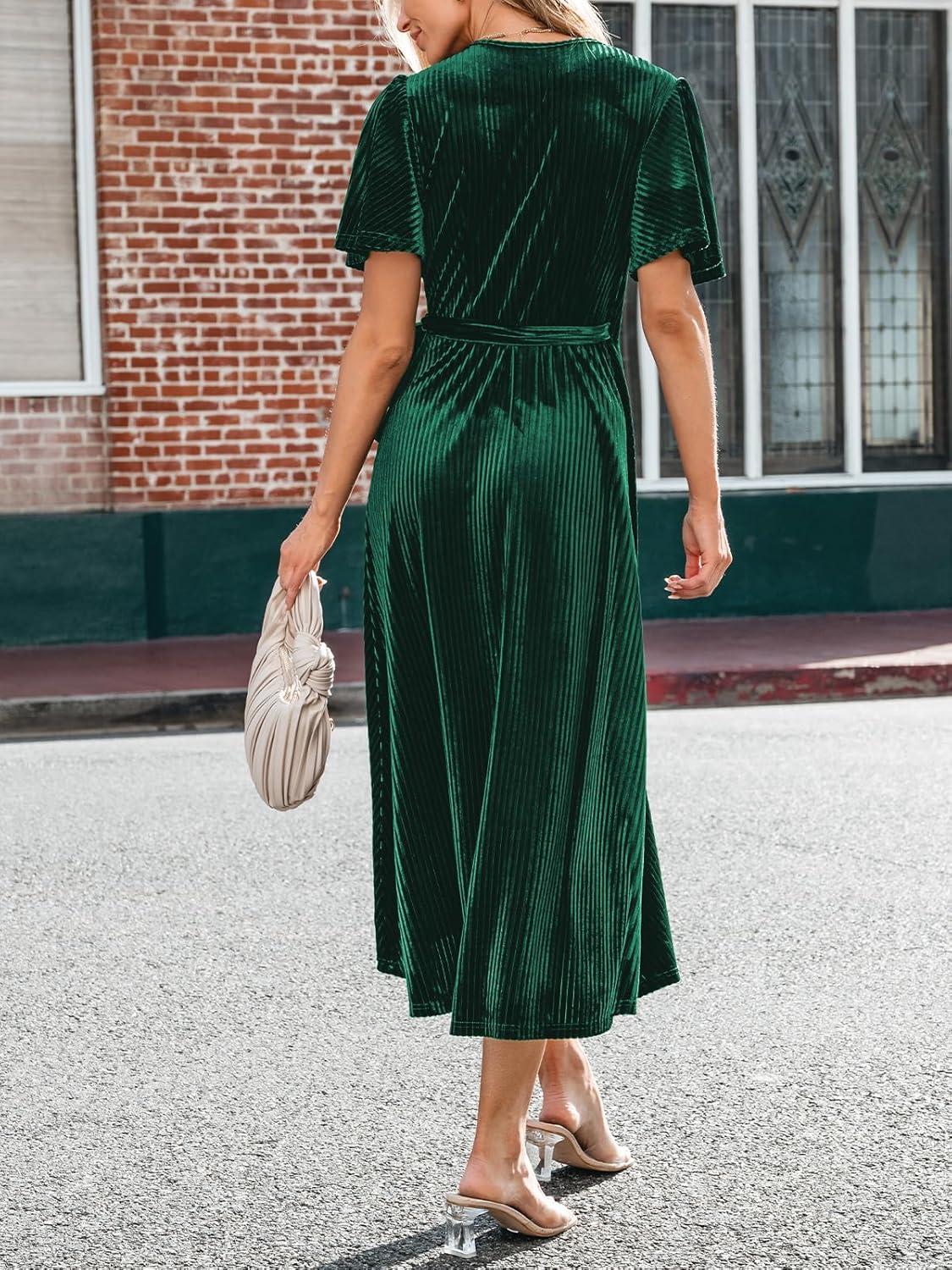 imageCUPSHE Womens Midi Dress Emerald V Neck Belted Short Sleeve Ribbed Knit Flowy Party Cocktail DressesGreen