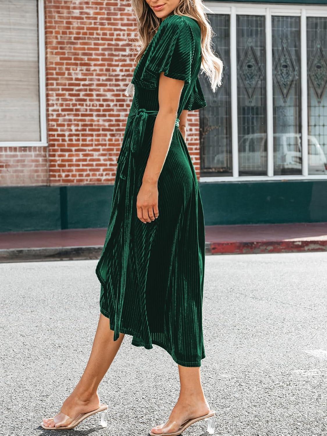 imageCUPSHE Womens Midi Dress Emerald V Neck Belted Short Sleeve Ribbed Knit Flowy Party Cocktail DressesGreen