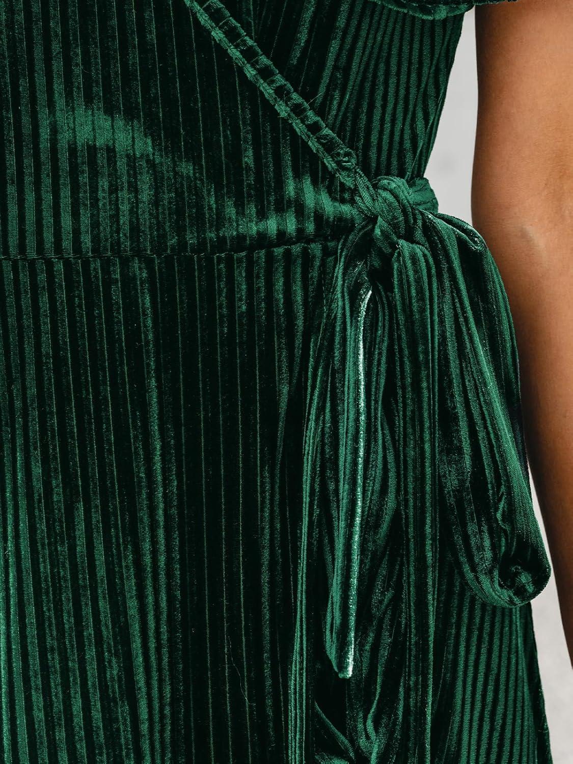 imageCUPSHE Womens Midi Dress Emerald V Neck Belted Short Sleeve Ribbed Knit Flowy Party Cocktail DressesGreen