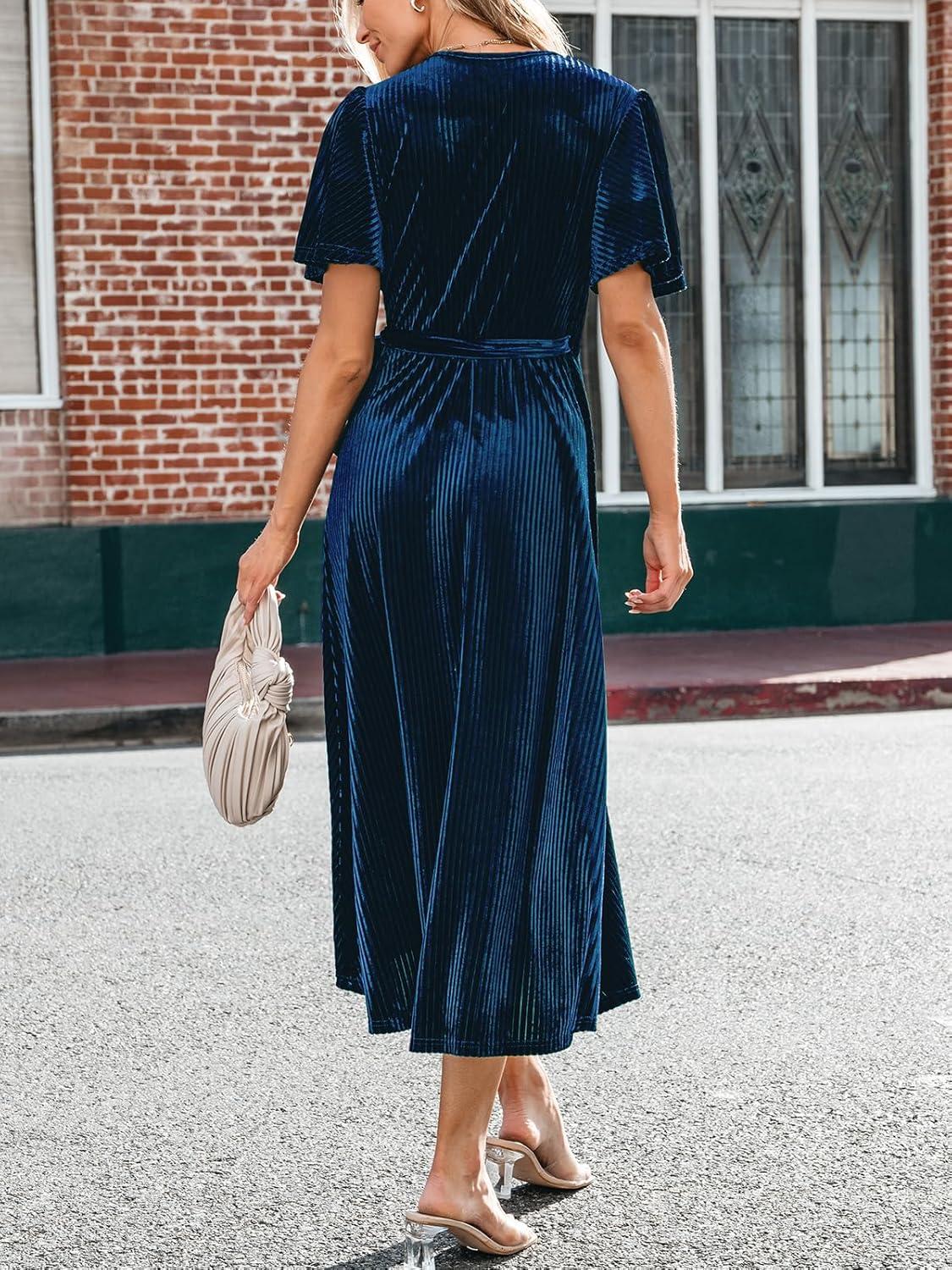 imageCUPSHE Womens Midi Dress Emerald V Neck Belted Short Sleeve Ribbed Knit Flowy Party Cocktail DressesNavy