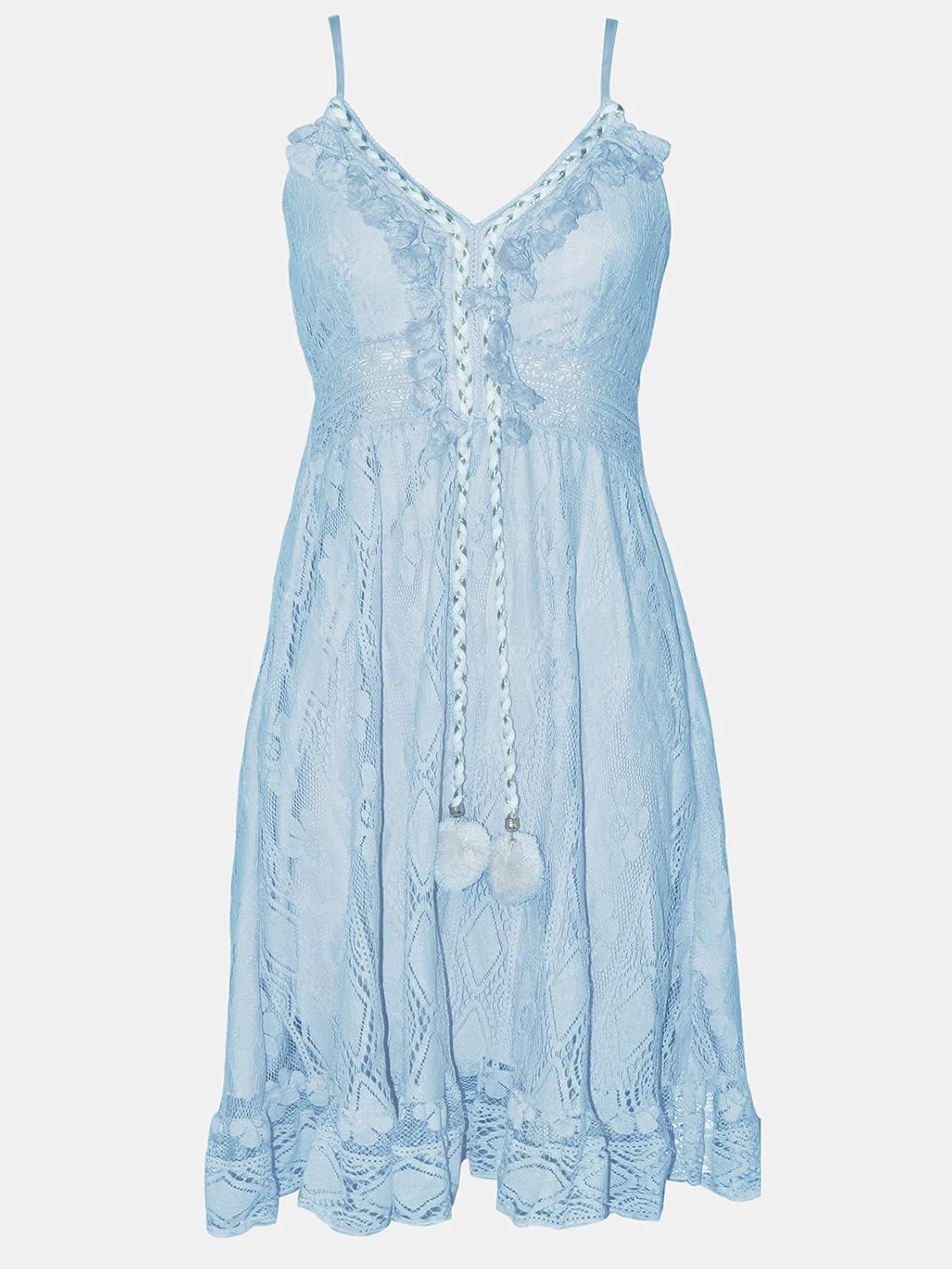 imageCUPSHE Womens Mini Dress Lace Boho Tassel VNeck Flare Ruffle Adjustable Straps Beach Summer Short DressBluemini