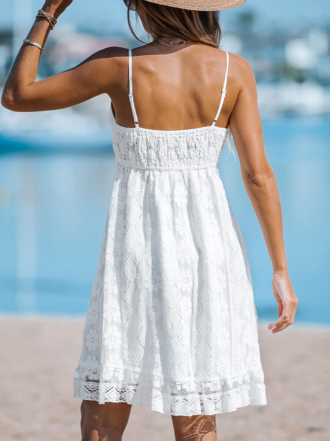 imageCUPSHE Womens Mini Dress Lace Boho Tassel VNeck Flare Ruffle Adjustable Straps Beach Summer Short DressWhitemini
