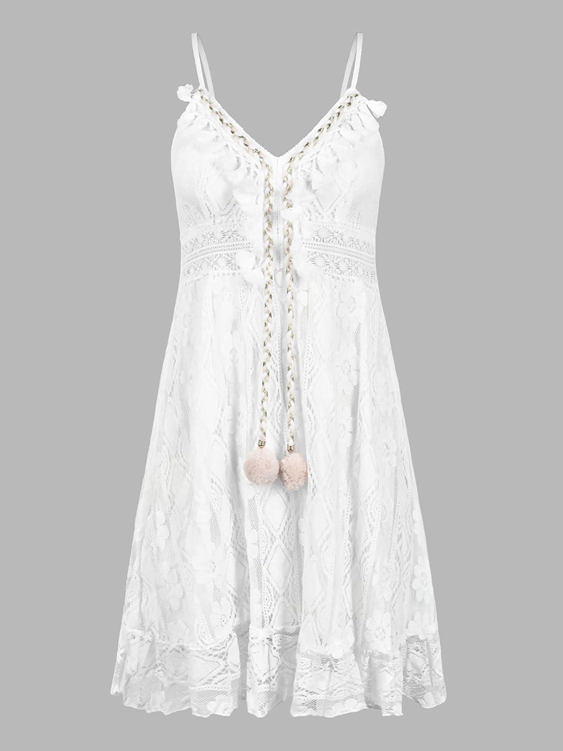 imageCUPSHE Womens Mini Dress Lace Boho Tassel VNeck Flare Ruffle Adjustable Straps Beach Summer Short DressWhitemini