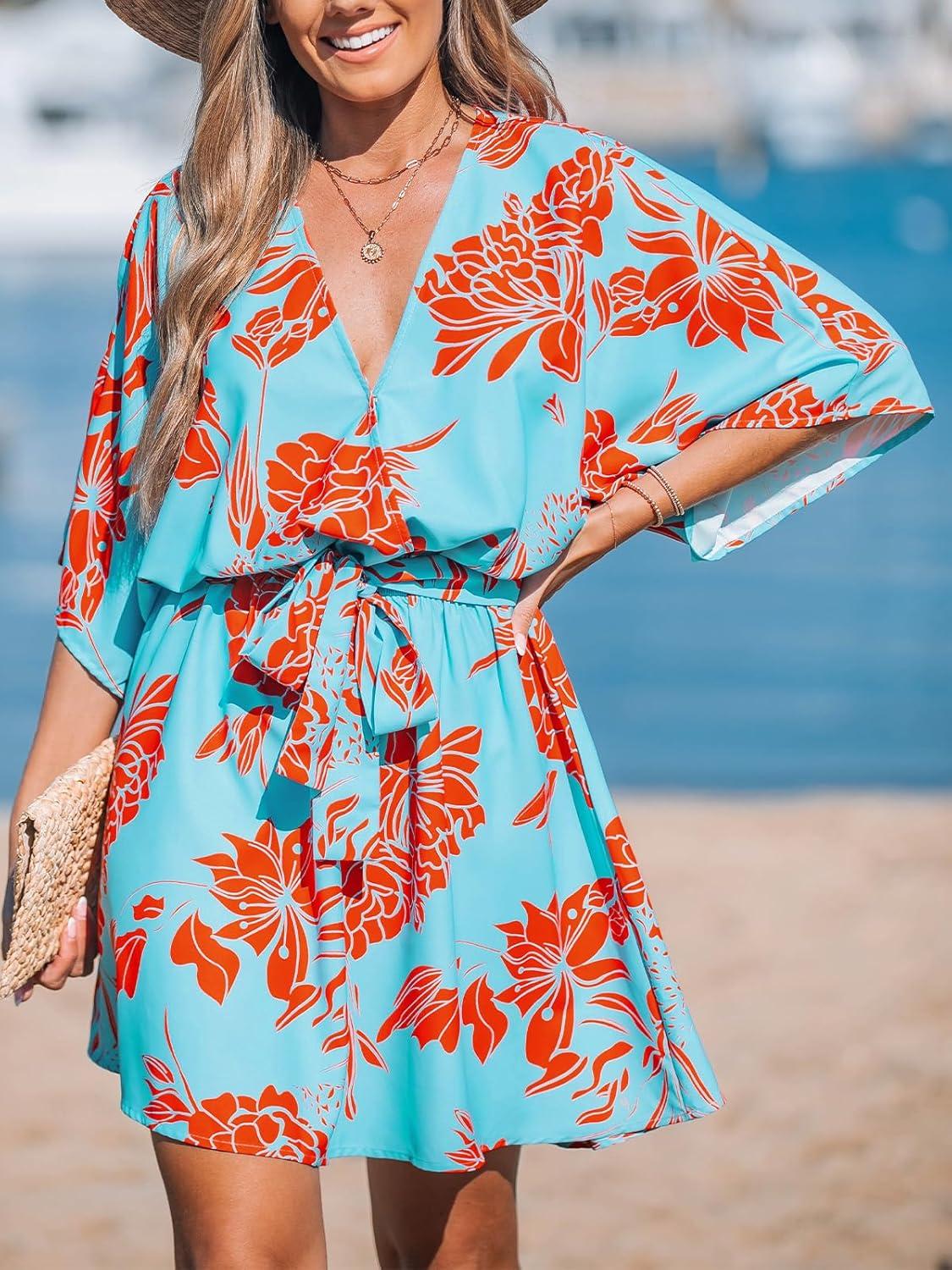 imageCUPSHE Womens Mini Dress V Neck Floral Half Dolman Sleeve Belted Loose Fit Short Summer Beach DressBlue Paisley