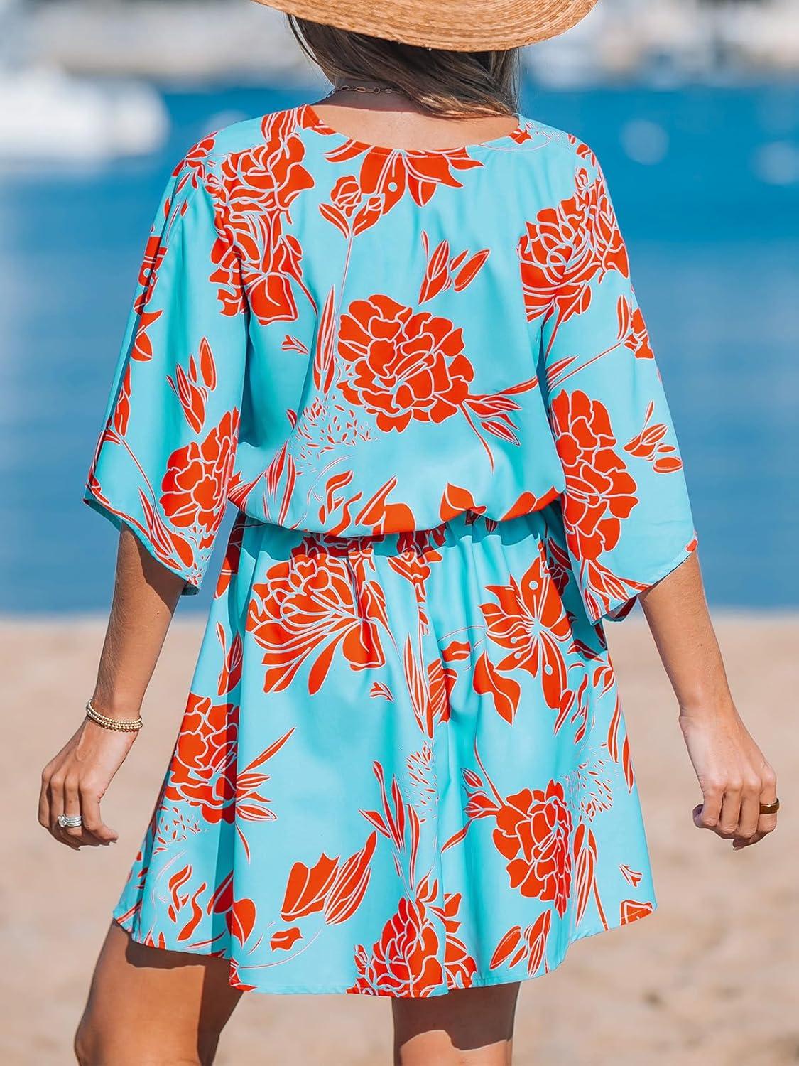 imageCUPSHE Womens Mini Dress V Neck Floral Half Dolman Sleeve Belted Loose Fit Short Summer Beach DressBlue Paisley