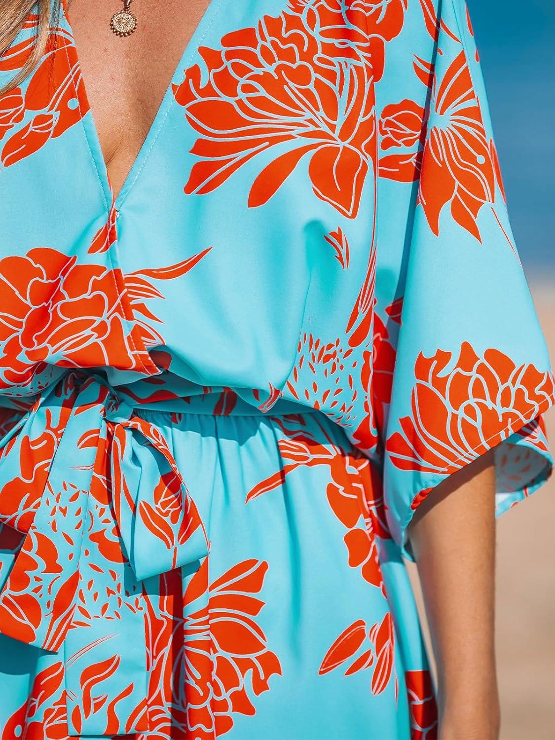 imageCUPSHE Womens Mini Dress V Neck Floral Half Dolman Sleeve Belted Loose Fit Short Summer Beach DressBlue Paisley