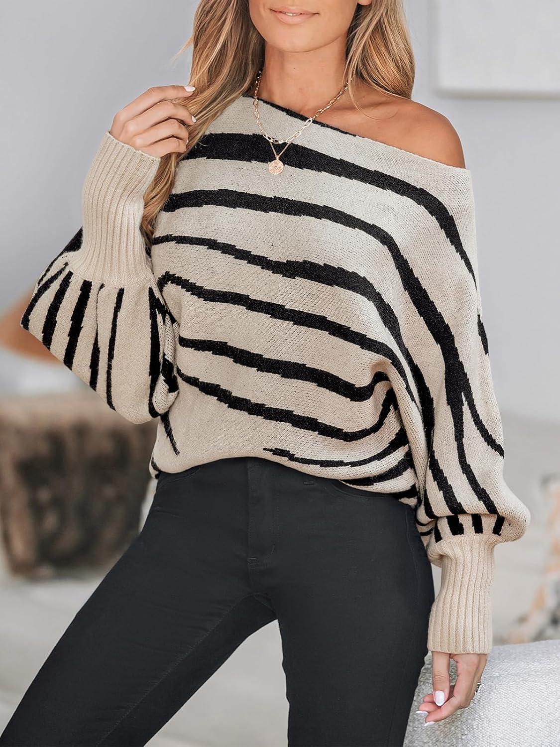 imageCUPSHE Womens Off The Shoulder Sweater Boat Neck Batwing Sleeve Sweaters Fall Casual Fit Striped Sweater TopsBlack Beige