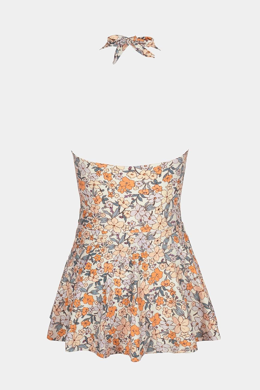 imageCUPSHE Womens One Piece Swimdress V Neck Plunge Halter Self Tie Open Back Ruched Bathing SuitPeachy BeigeFloral