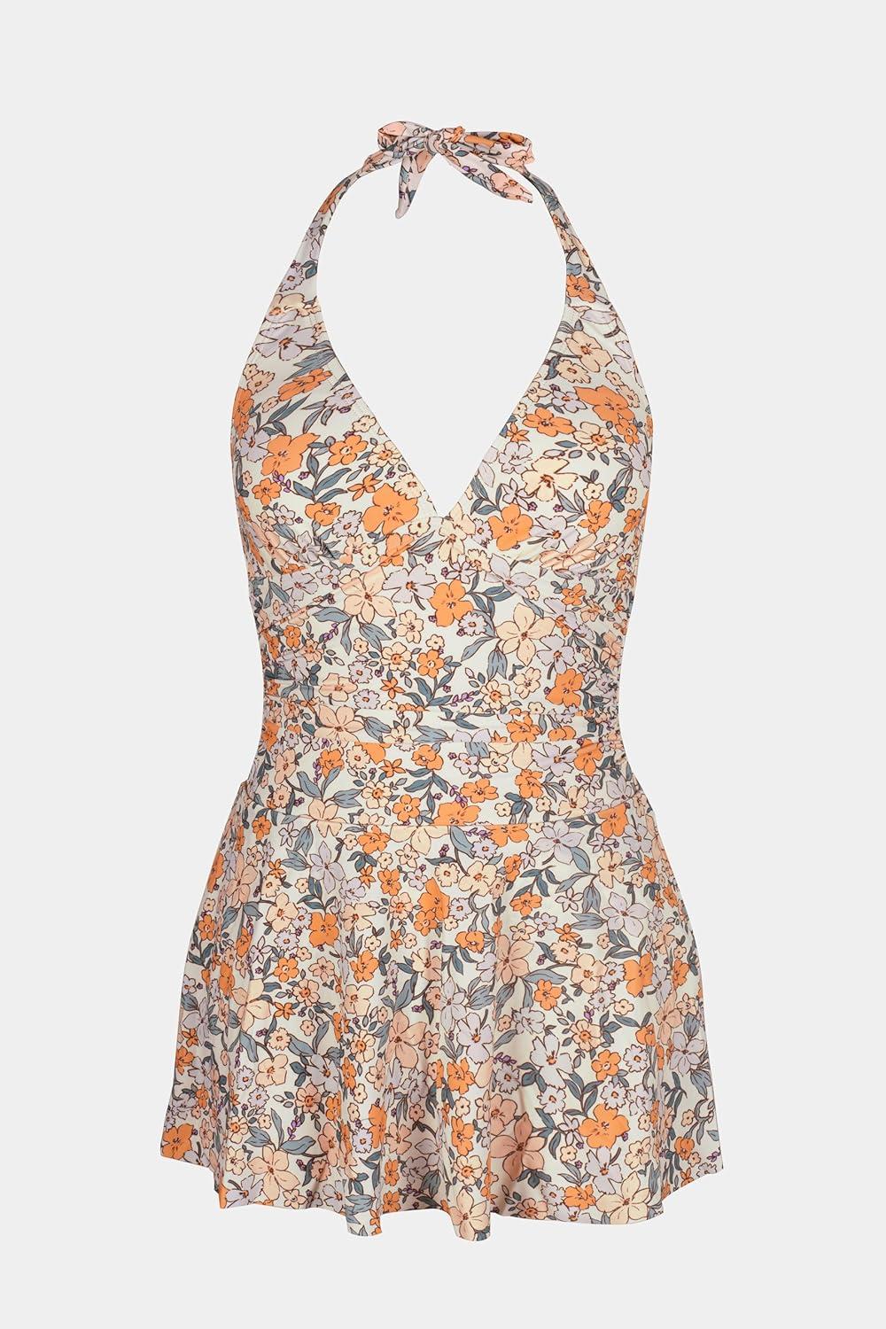 imageCUPSHE Womens One Piece Swimdress V Neck Plunge Halter Self Tie Open Back Ruched Bathing SuitPeachy BeigeFloral