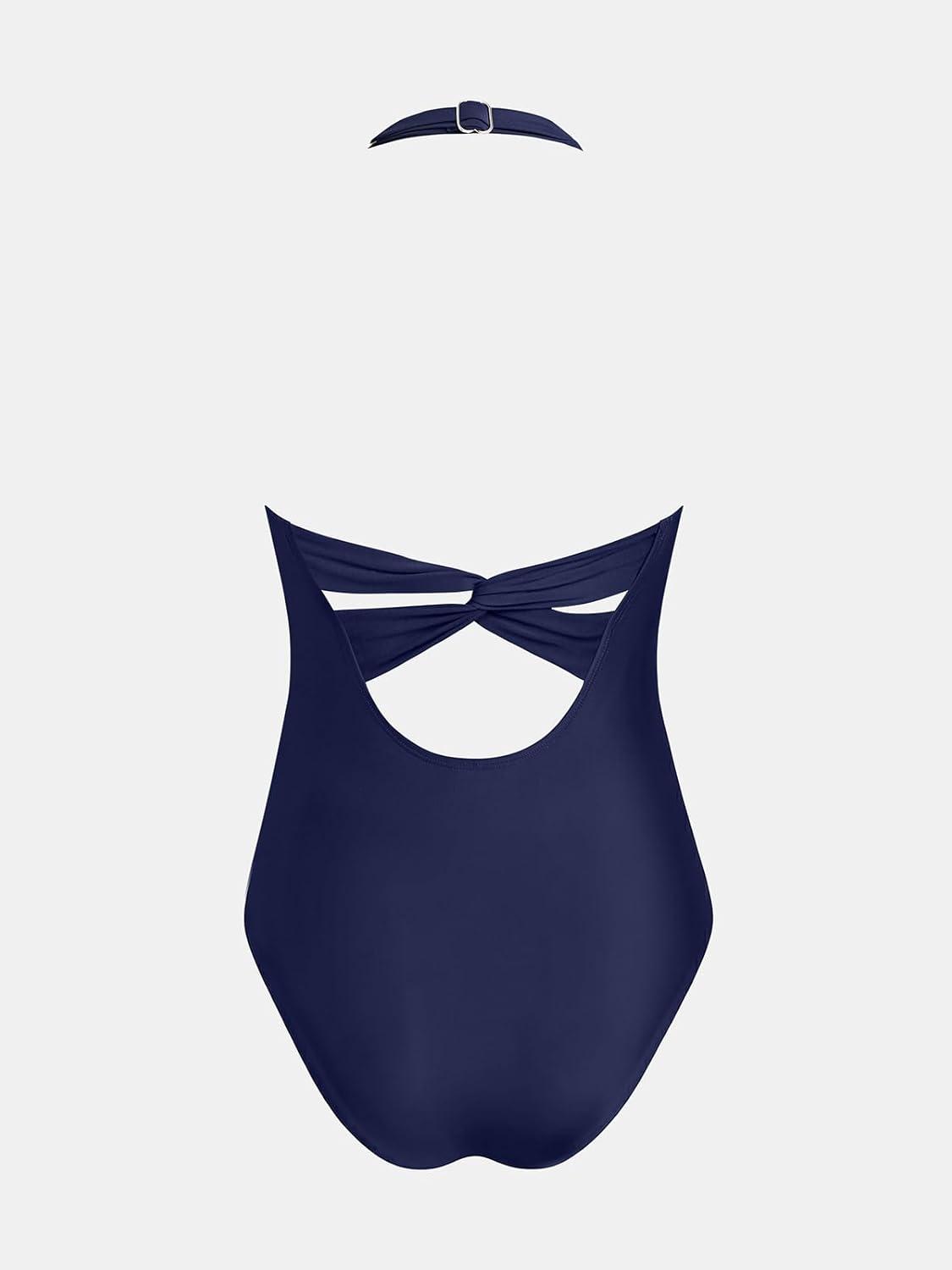 imageCUPSHE Womens One Piece Swimsuit Asymmetrical Neck Bathing Suit Halter Adjustable Wide Straps SwimwearNavy Blue