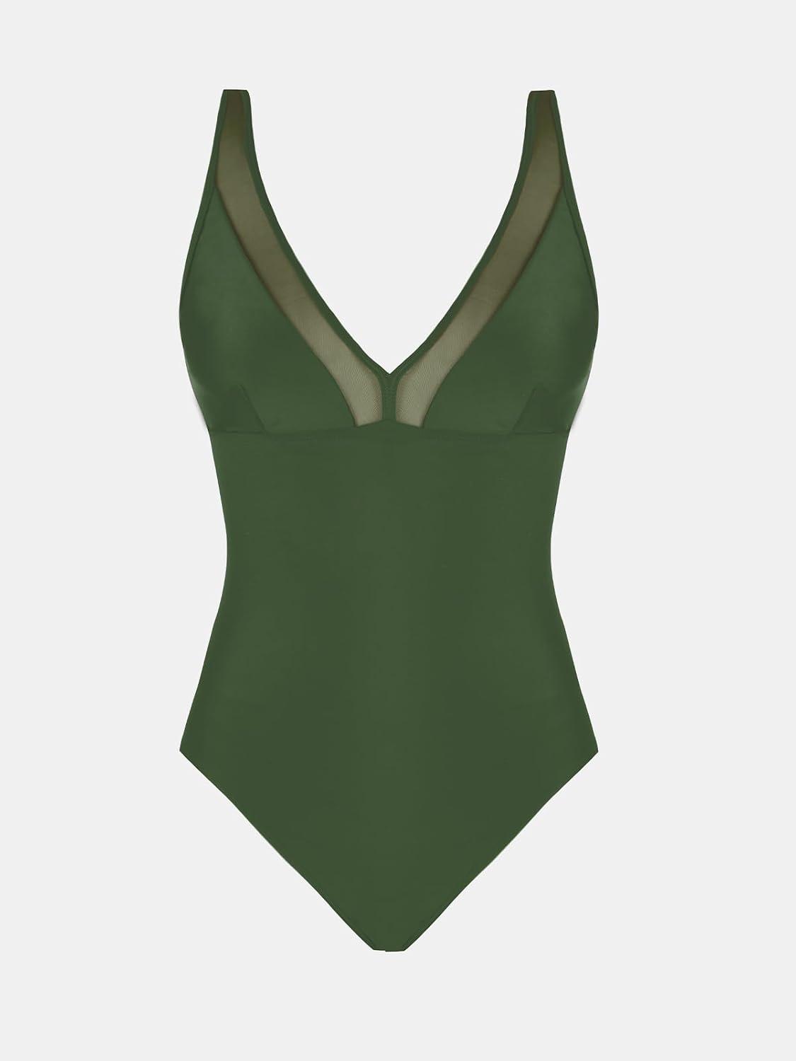 imageCUPSHE Womens One Piece Swimsuit Bathing Suit Plunging V Neck Wide Adjustable Straps MeshOlive Green